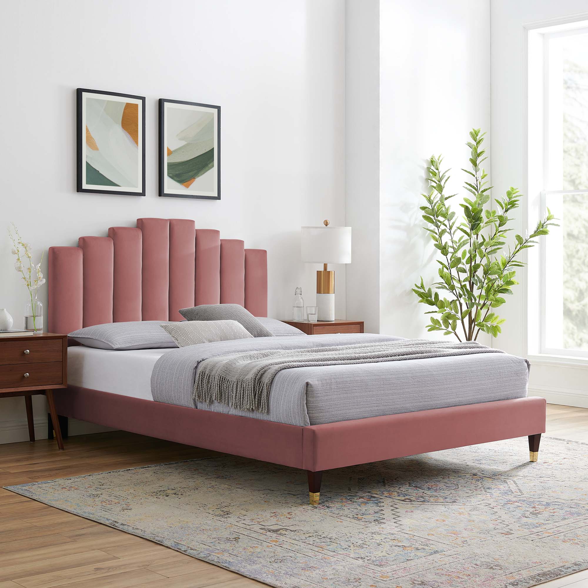 Queen Bremra Performance Velvet Platform Bed – Dusty Rose Stain-Resistant Upholstered