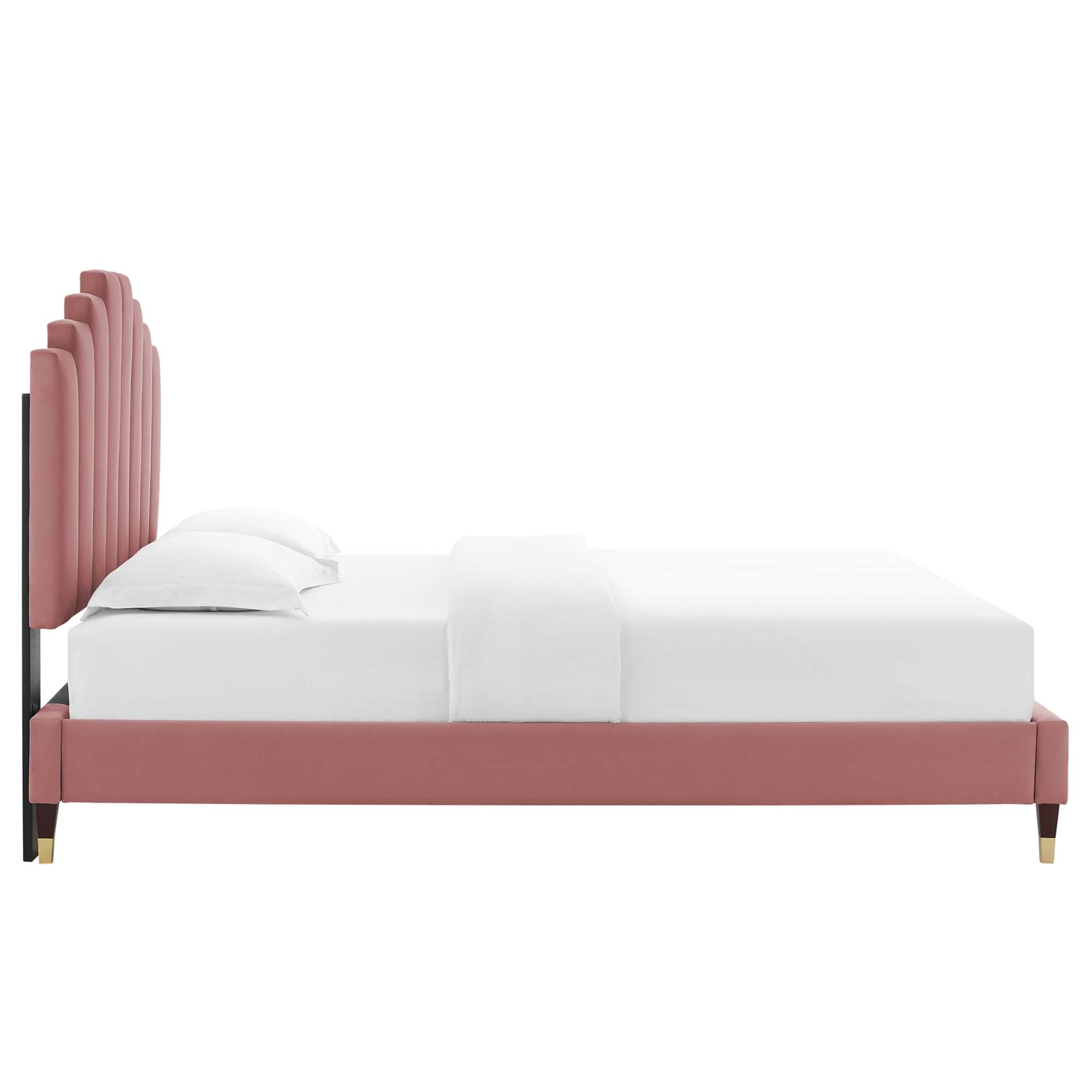 Queen Bremra Performance Velvet Platform Bed – Dusty Rose Stain-Resistant Upholstered