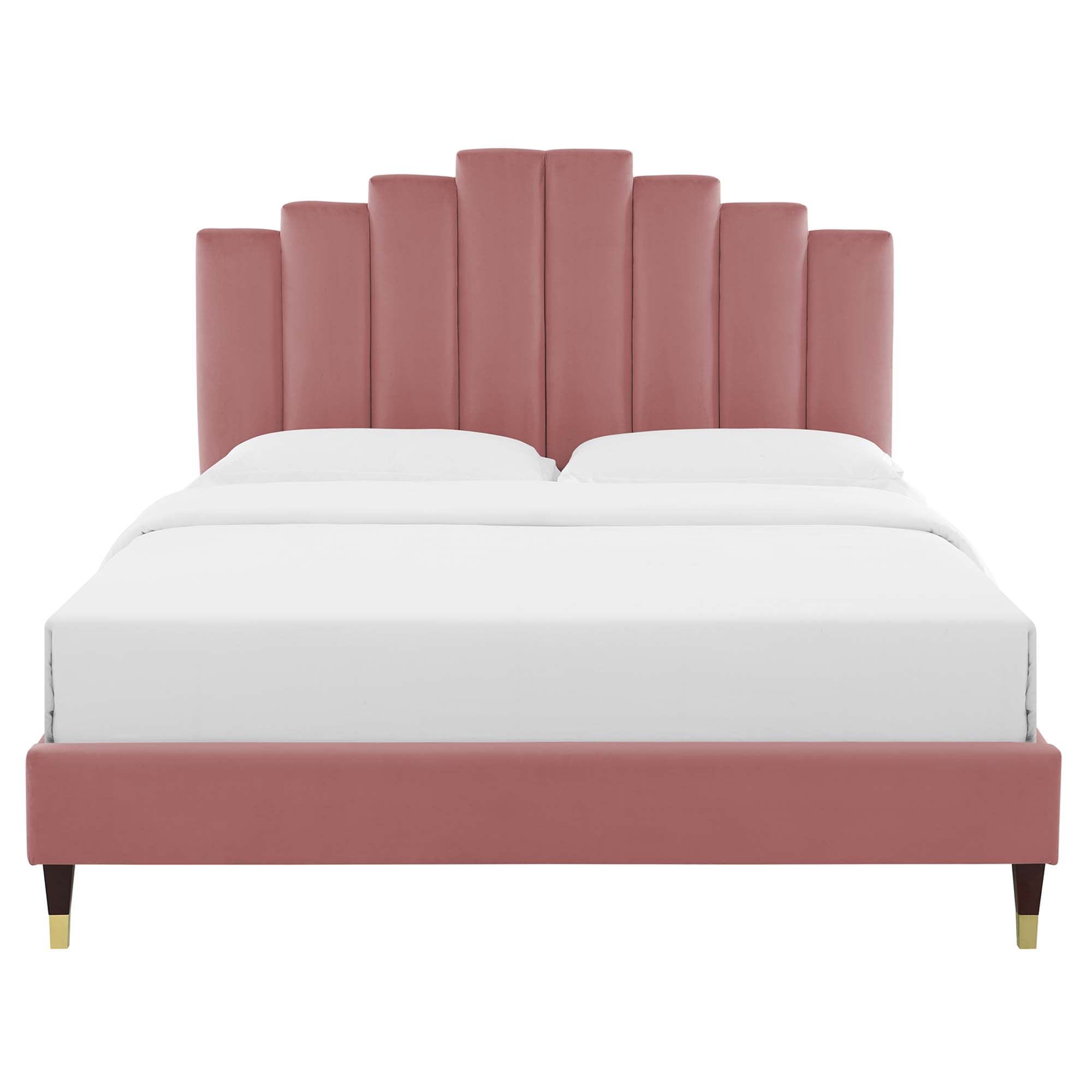 Queen Bremra Performance Velvet Platform Bed – Dusty Rose Stain-Resistant Upholstered