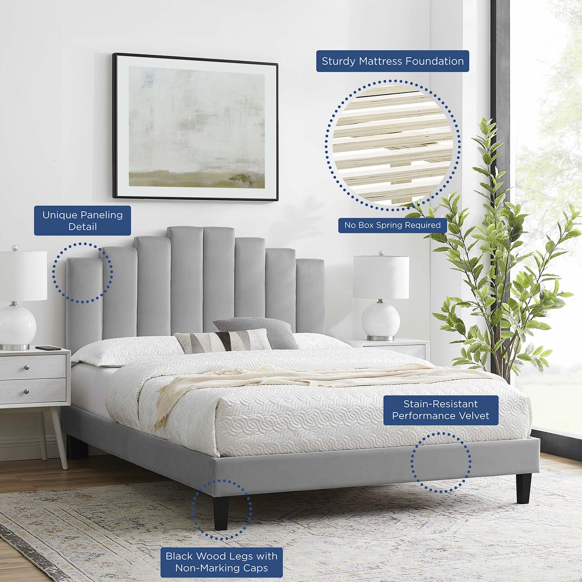 Ardyn Light Grey Queen Performance Velvet Platform Bed – Channel Tufted Glam Design