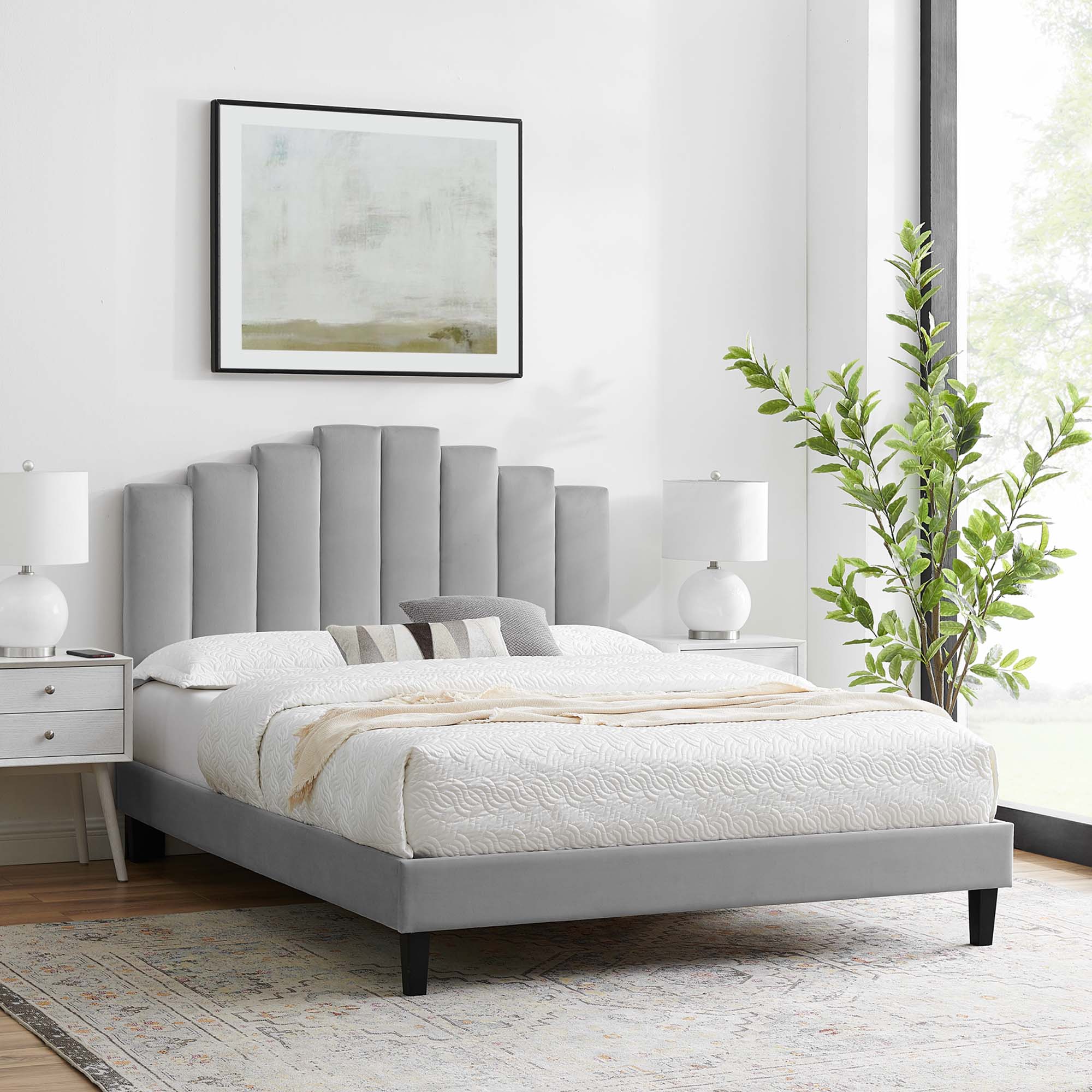 Ardyn Light Grey Queen Performance Velvet Platform Bed – Channel Tufted Glam Design