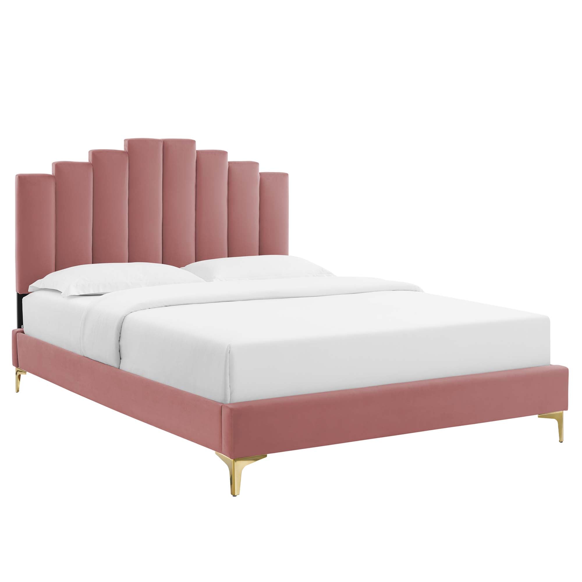 Elwyn Queen Pink Velvet Upholstered Platform Bed – Modern Channel Tufting Design