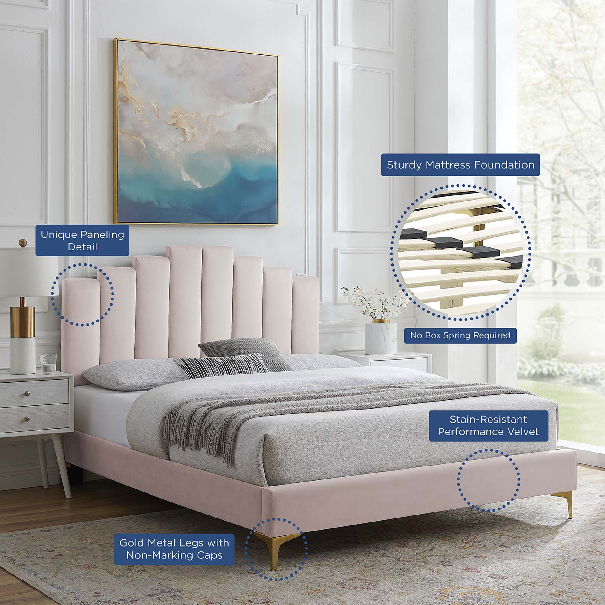 Elwyn Queen Pink Velvet Upholstered Platform Bed – Modern Channel Tufting Design