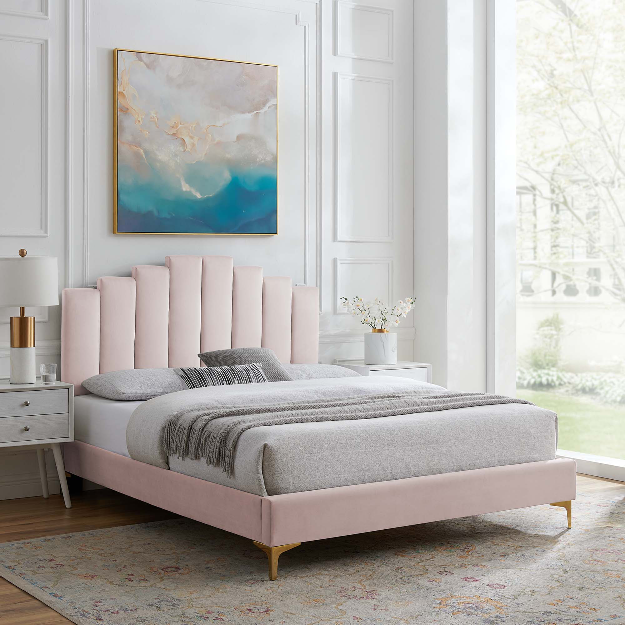 Elwyn Queen Pink Velvet Upholstered Platform Bed – Modern Channel Tufting Design