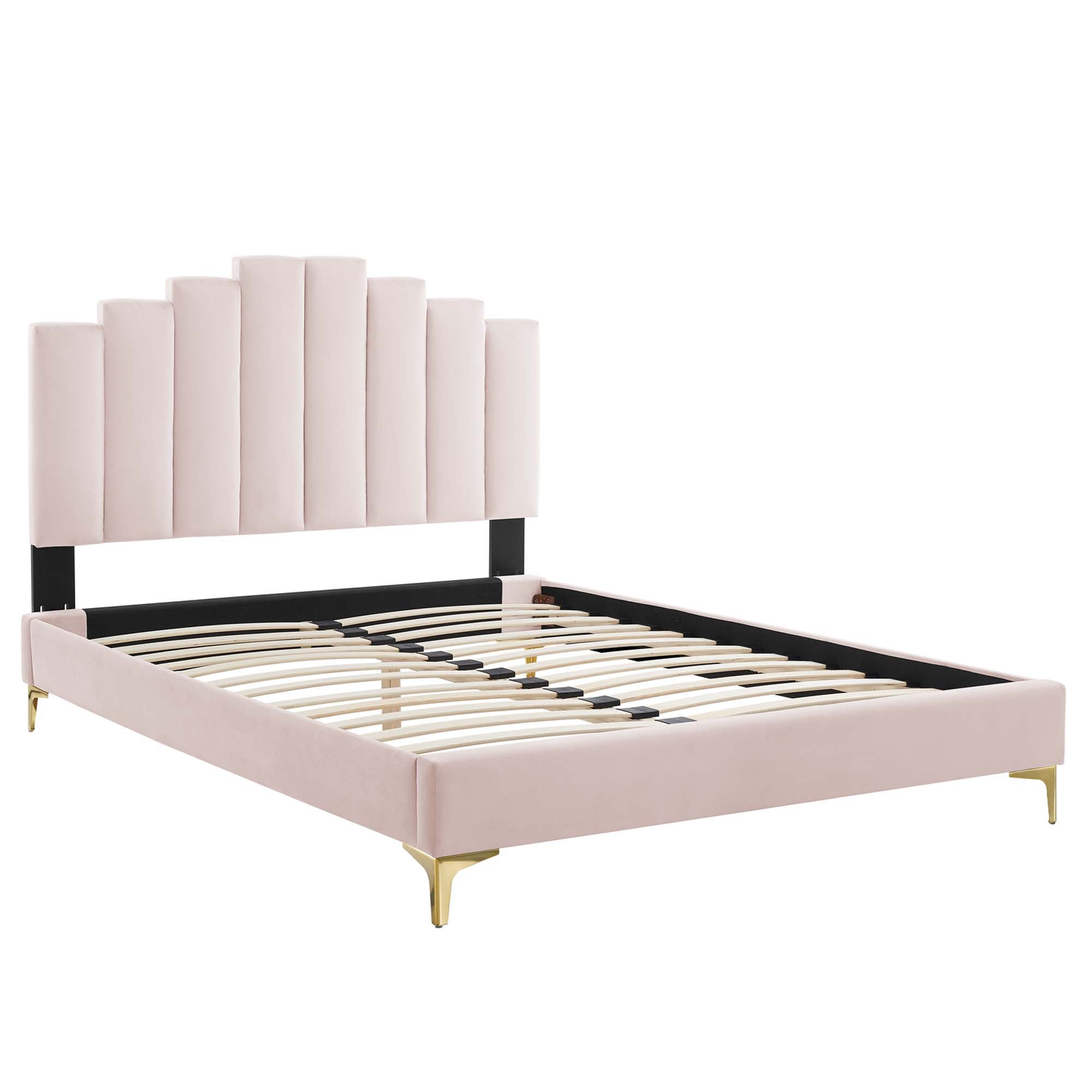 Elwyn Queen Pink Velvet Upholstered Platform Bed – Modern Channel Tufting Design