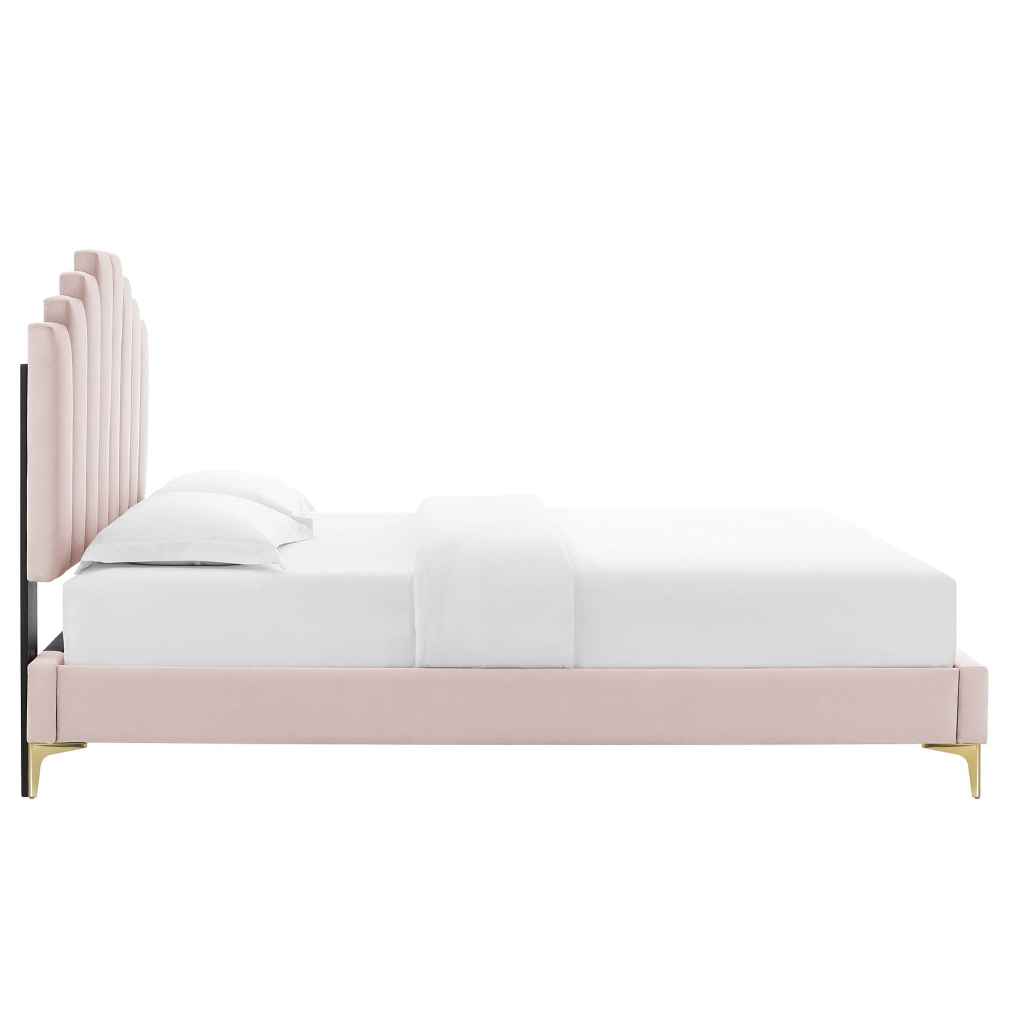 Elwyn Queen Pink Velvet Upholstered Platform Bed – Modern Channel Tufting Design