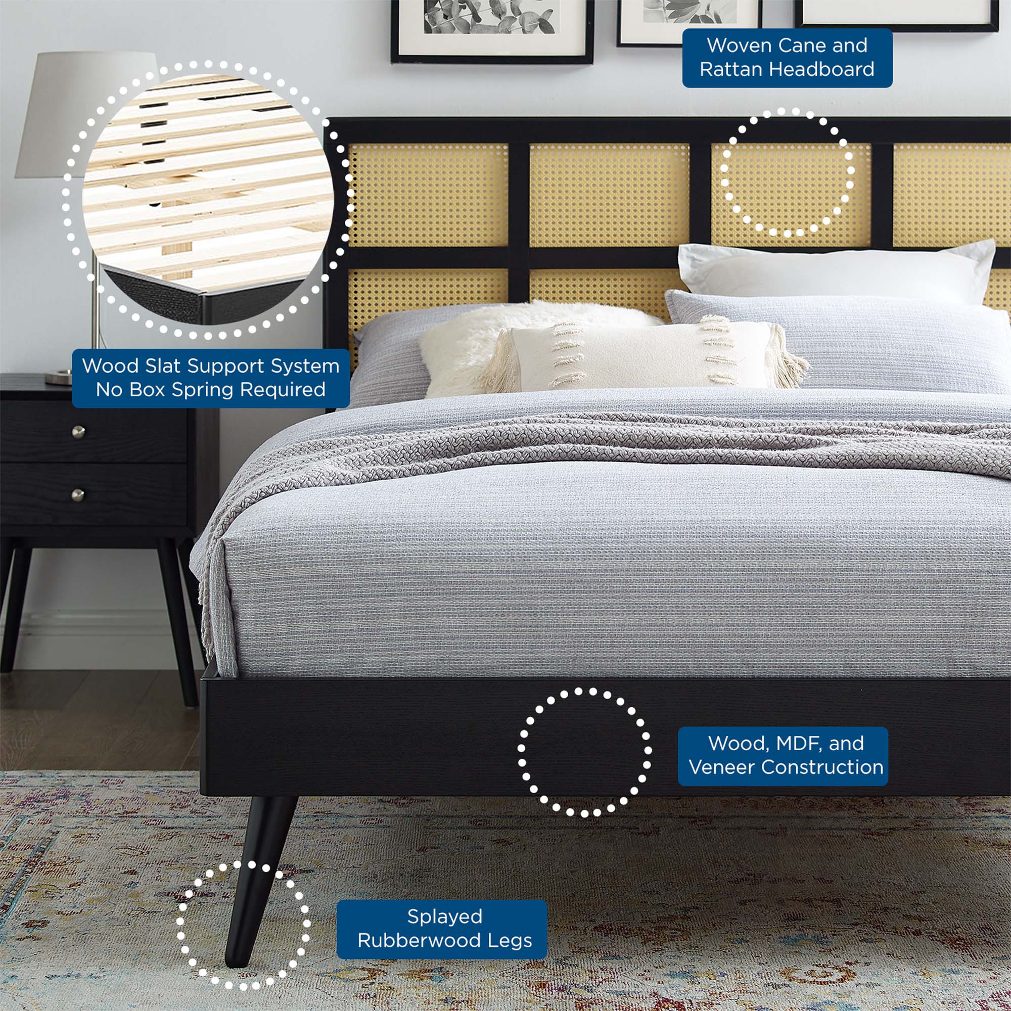 King Rhylen Rattan Wood Platform Bed – No Box Spring Needed with Splayed Legs