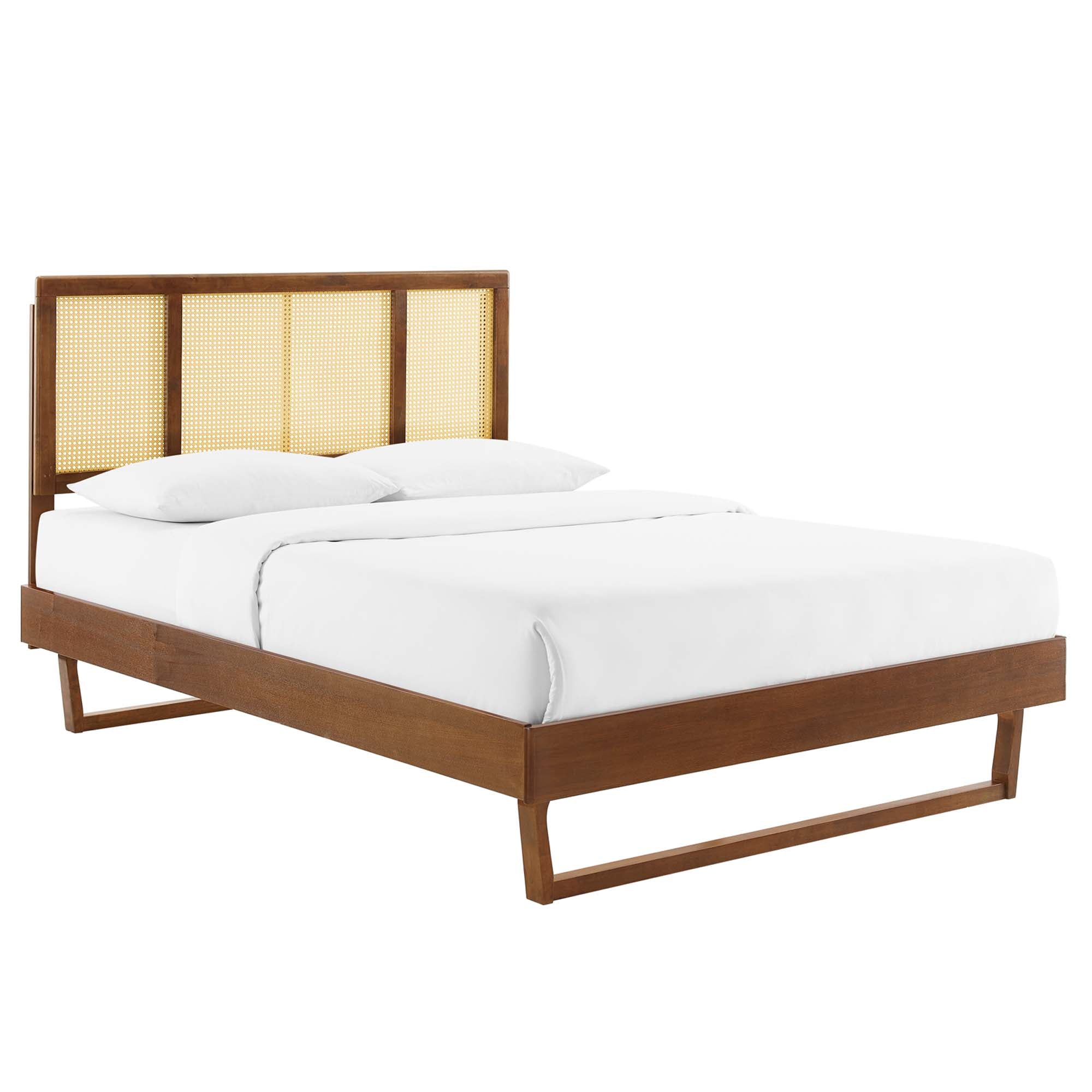 Classsic King Walnut Platform Bed Woven Cane Headboard with Angular Legs