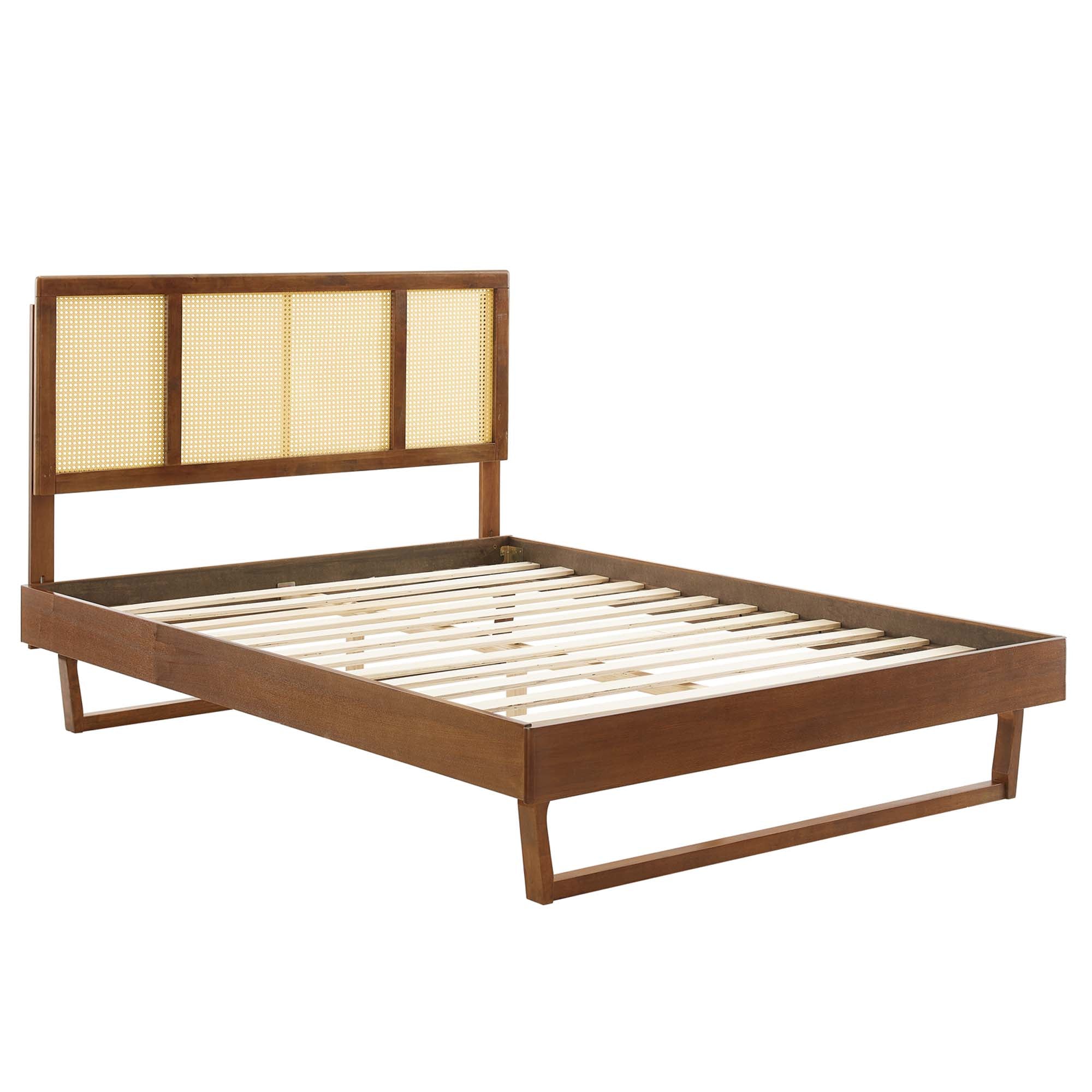 Classsic King Walnut Platform Bed Woven Cane Headboard with Angular Legs