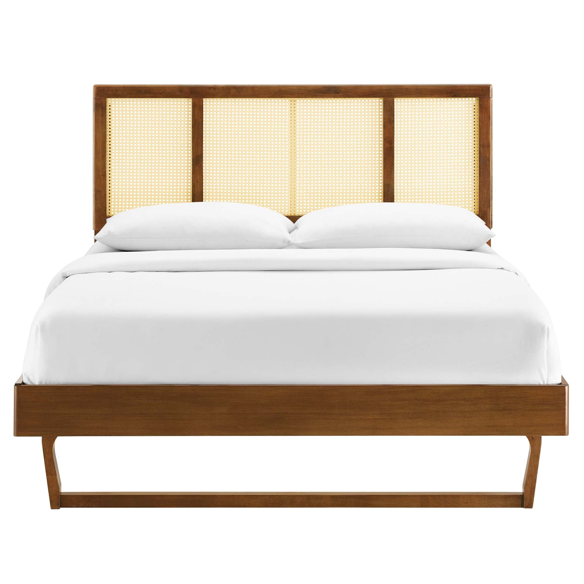 Classsic King Walnut Platform Bed Woven Cane Headboard with Angular Legs