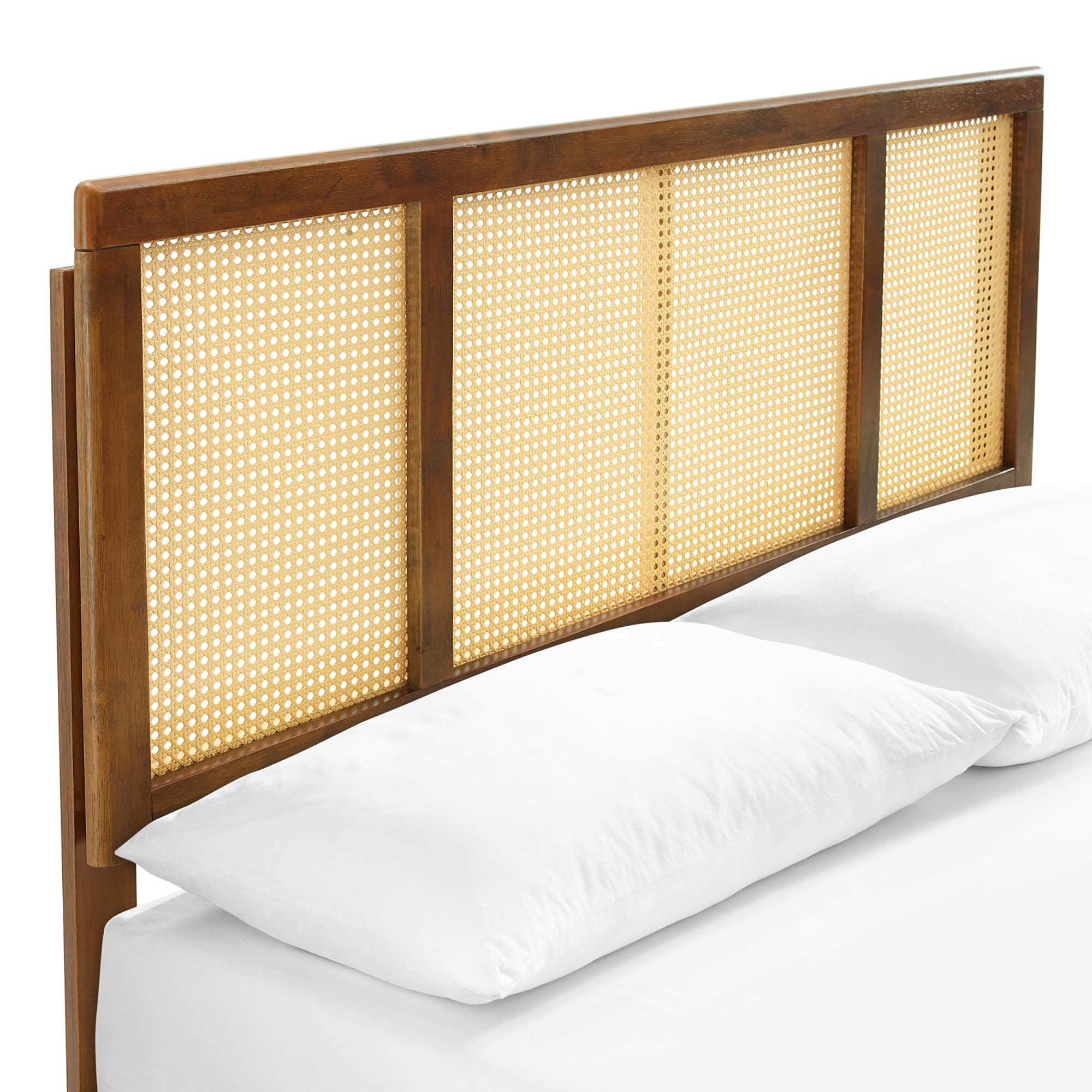 Classsic King Walnut Platform Bed Woven Cane Headboard with Angular Legs