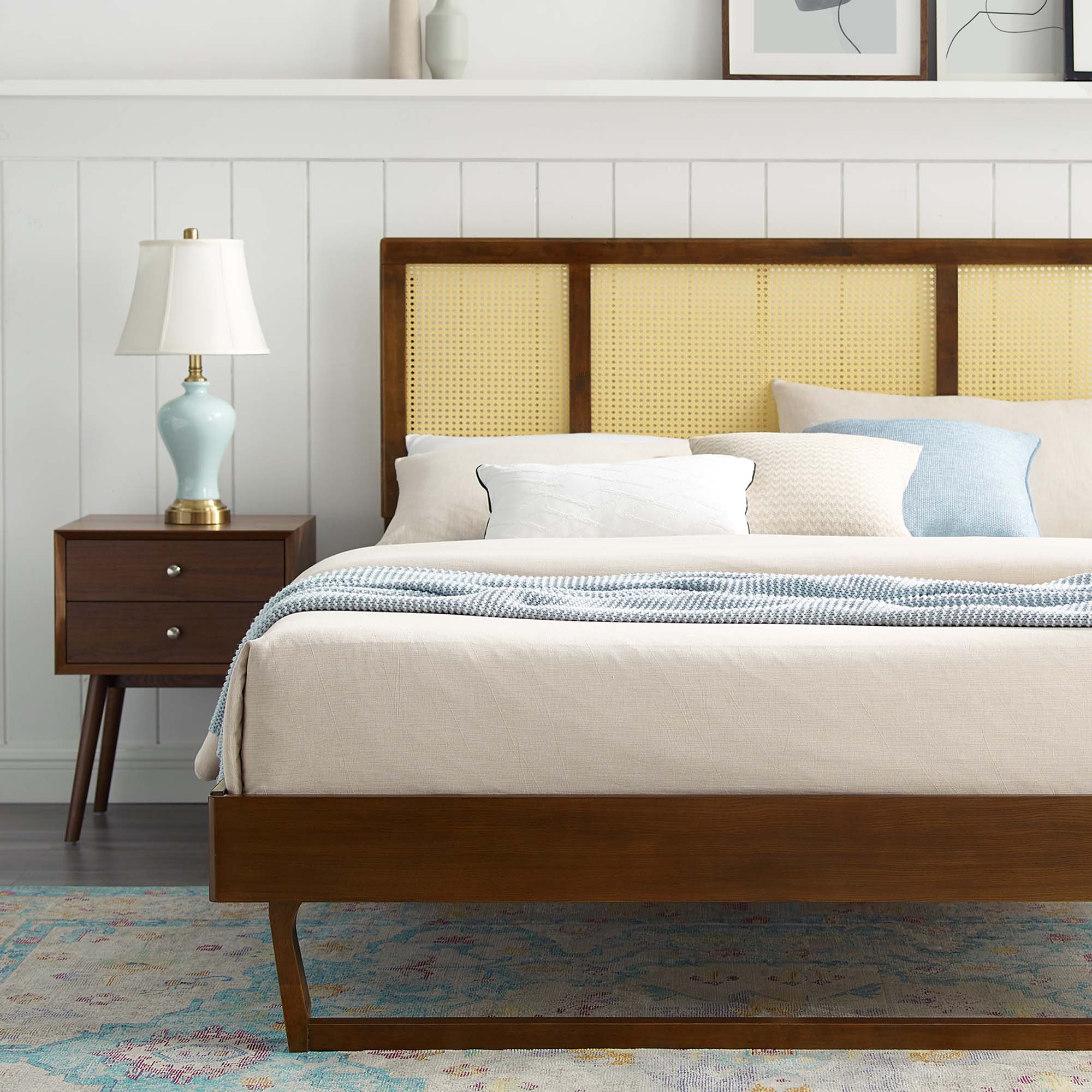 Classsic King Walnut Platform Bed Woven Cane Headboard with Angular Legs