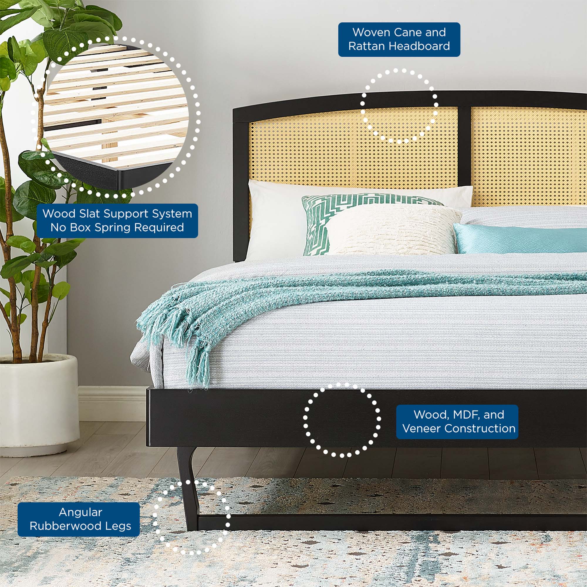 Full Rattan Cane Yalvin Platform Bed – Woven Headboard with Rubberwood Frame