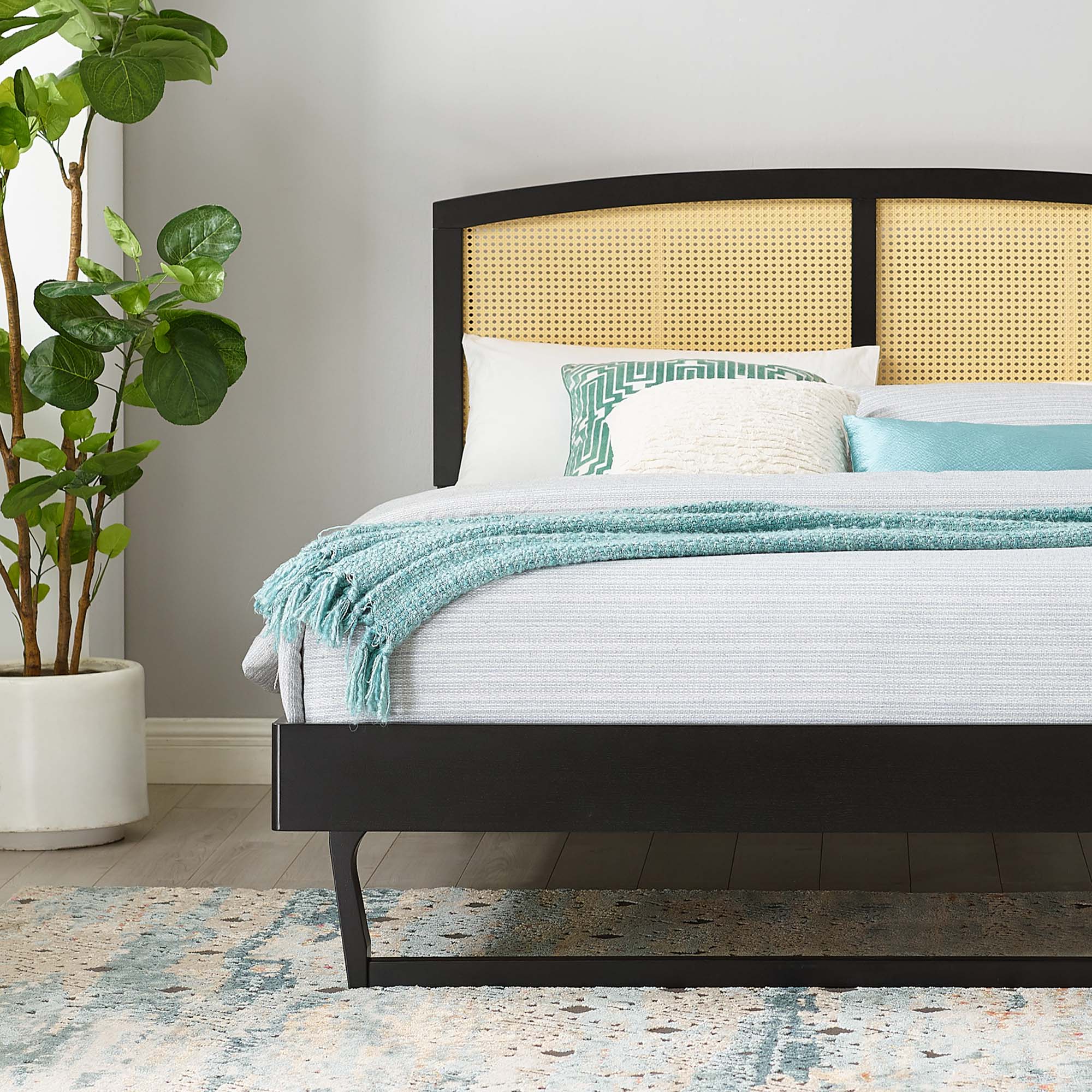 Full Rattan Cane Yalvin Platform Bed – Woven Headboard with Rubberwood Frame