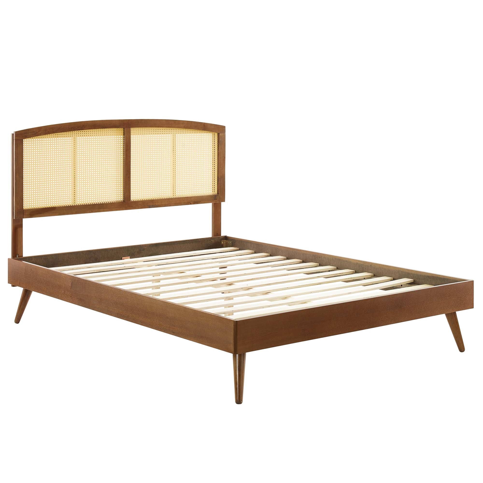 Full Walnut Briven Cane Platform Bed – Tropical Wood Headboard with Slat Support