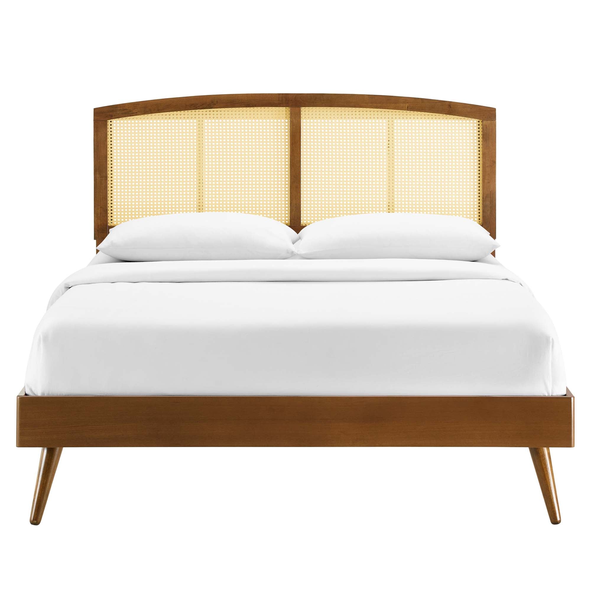 Full Walnut Briven Cane Platform Bed – Tropical Wood Headboard with Slat Support