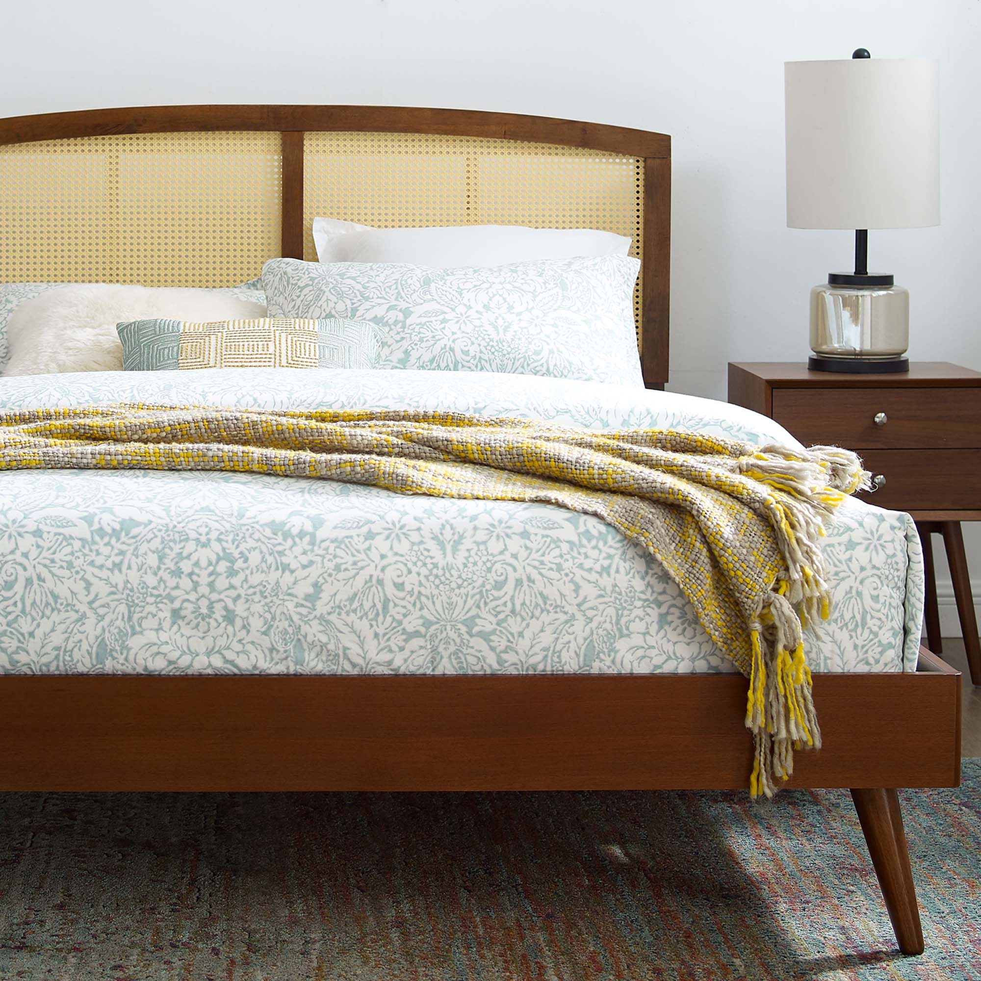 Full Walnut Briven Cane Platform Bed – Tropical Wood Headboard with Slat Support