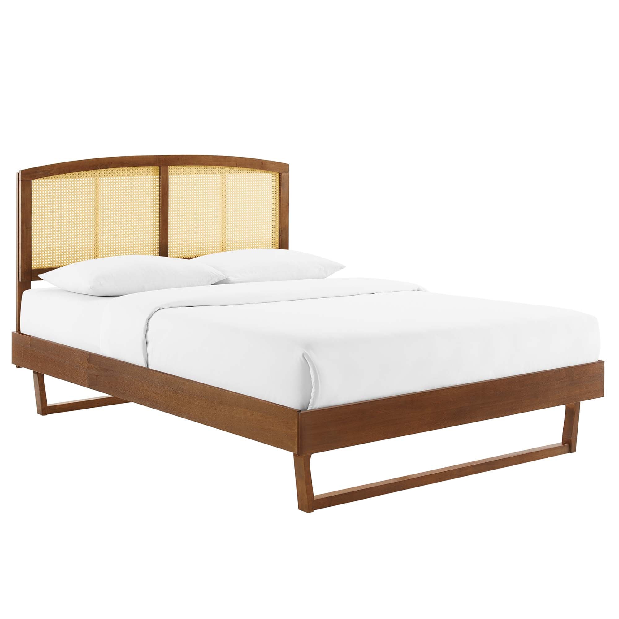 Wrenna King Rattan Wood Platform Bed – Woven Cane Headboard with Box Spring Free Design