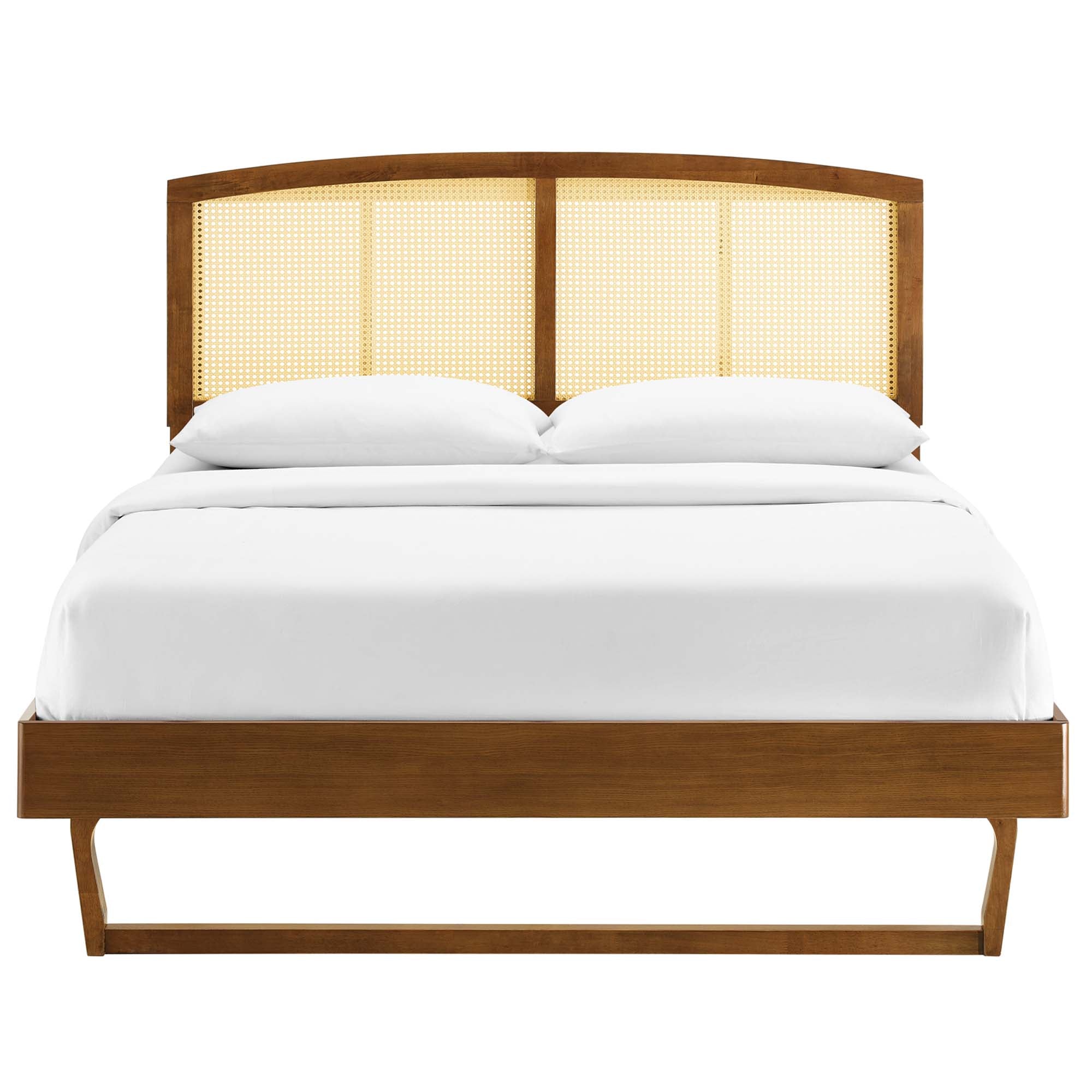 Wrenna King Rattan Wood Platform Bed – Woven Cane Headboard with Box Spring Free Design