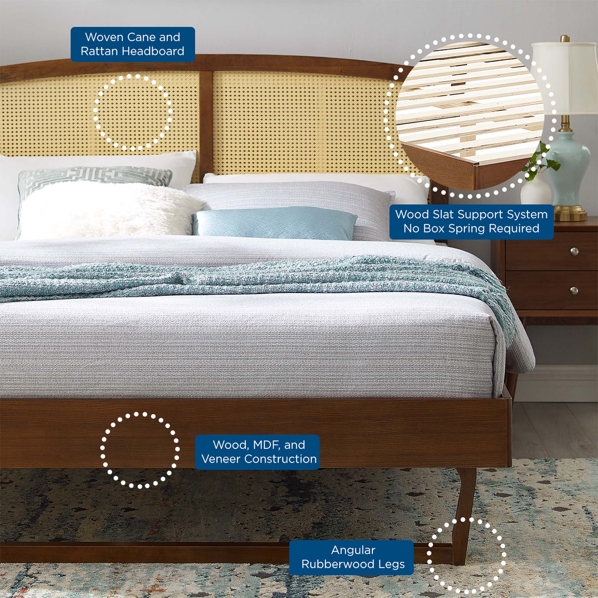 Wrenna King Rattan Wood Platform Bed – Woven Cane Headboard with Box Spring Free Design