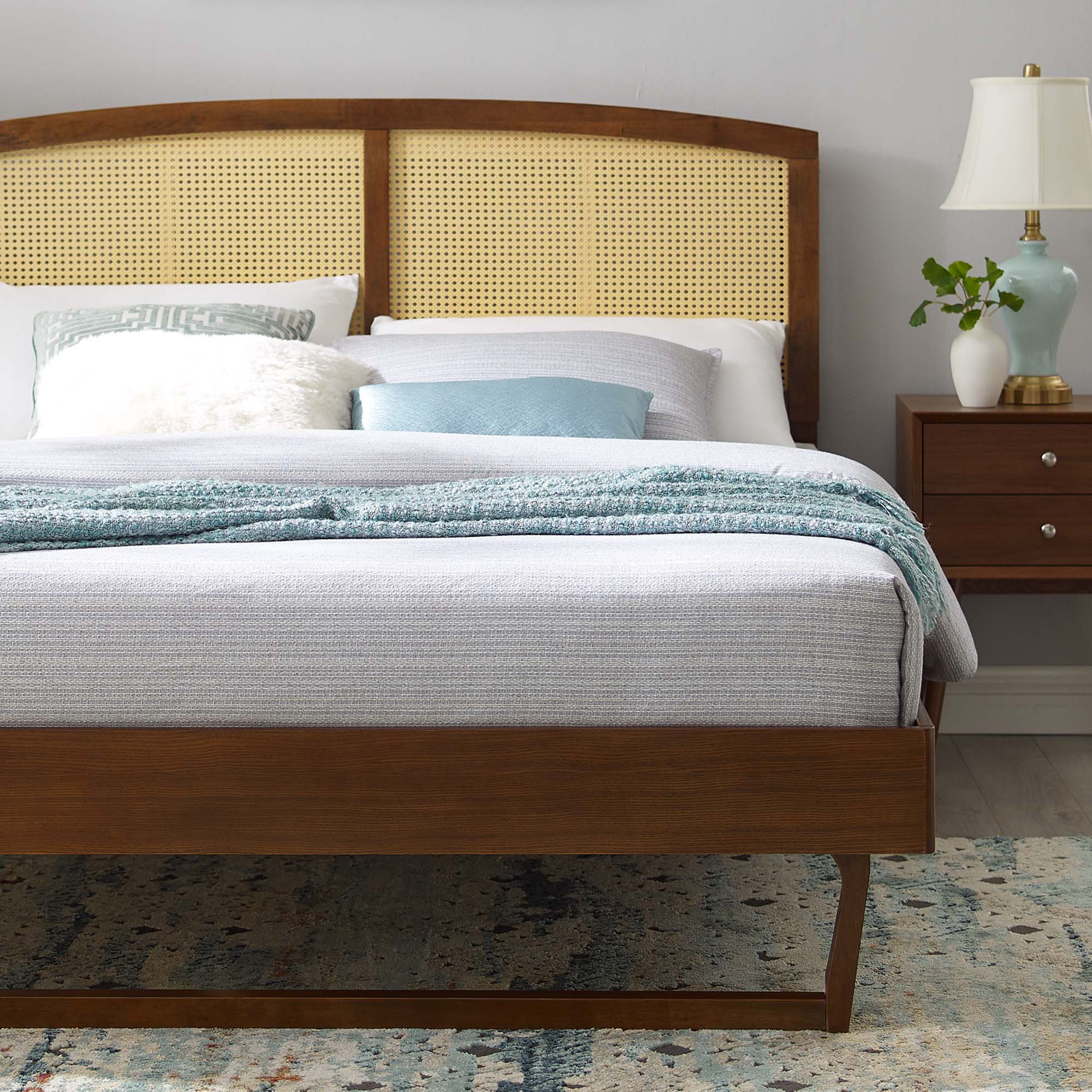 Wrenna King Rattan Wood Platform Bed – Woven Cane Headboard with Box Spring Free Design