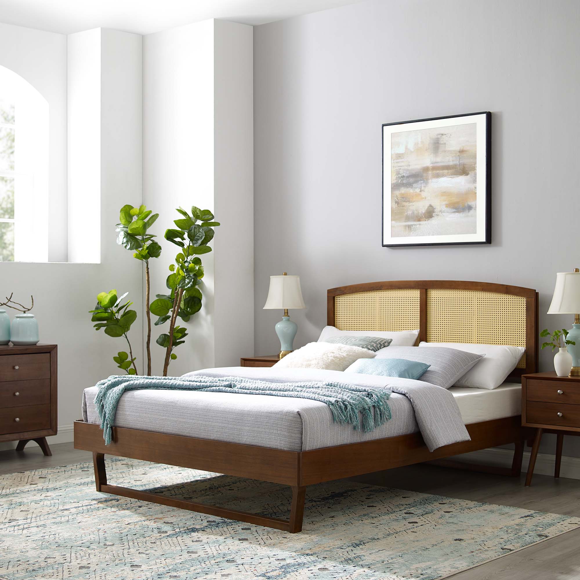 Wrenna King Rattan Wood Platform Bed – Woven Cane Headboard with Box Spring Free Design