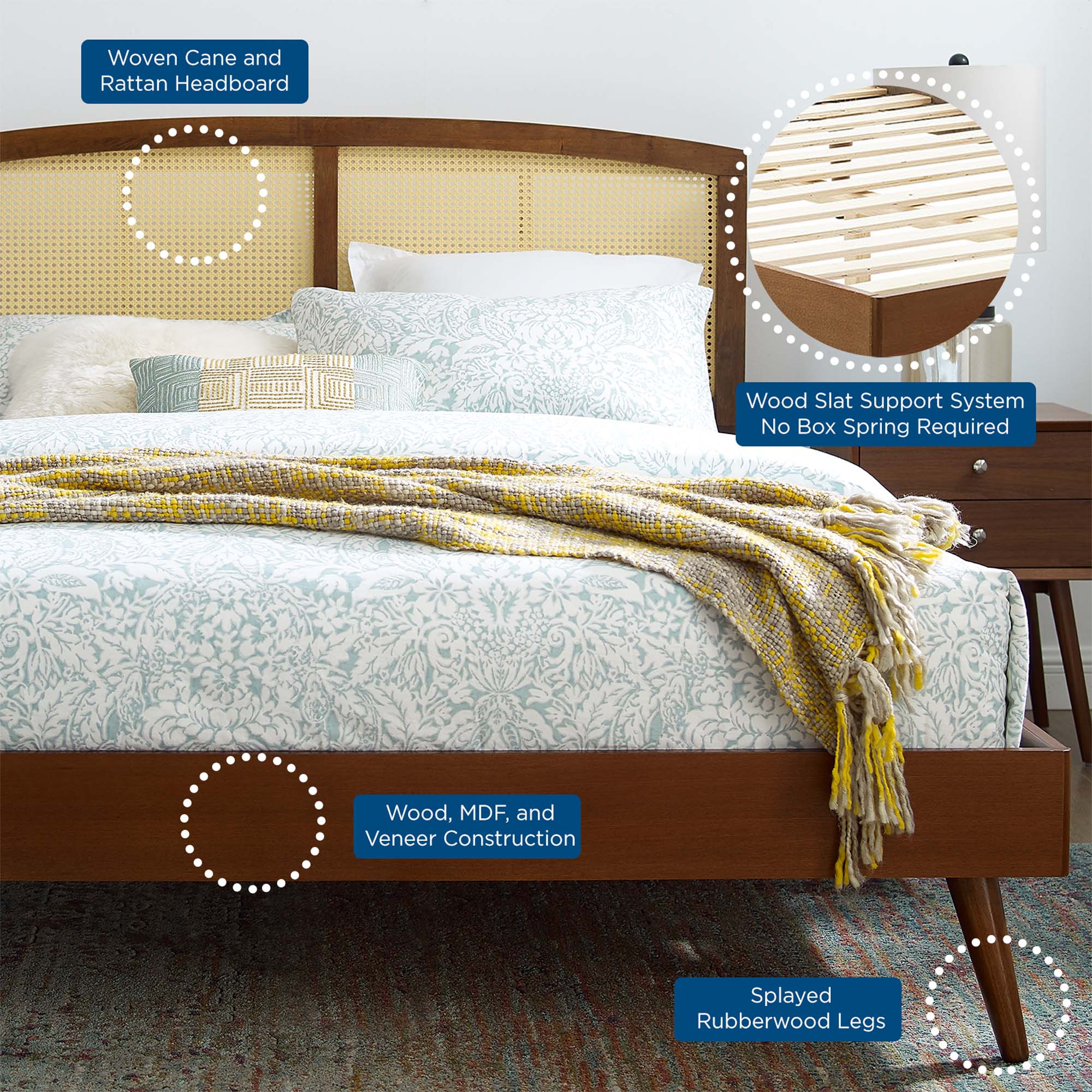Zindel King Rattan Wood Platform Bed – Modern Tropical Style with Splayed Legs