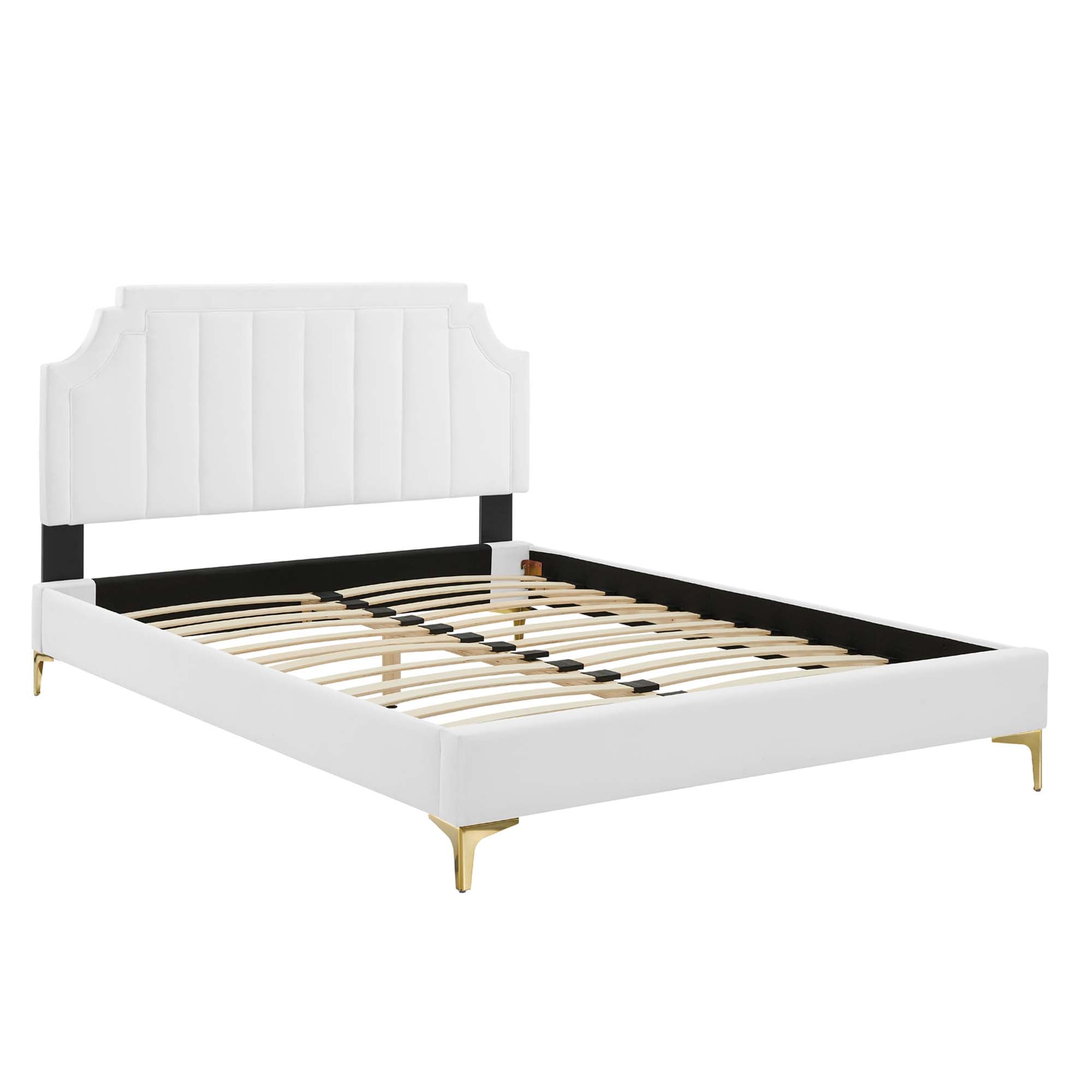 Elyra Queen White Velvet Platform Bed – Stain-Resistant Tufted Headboard Design
