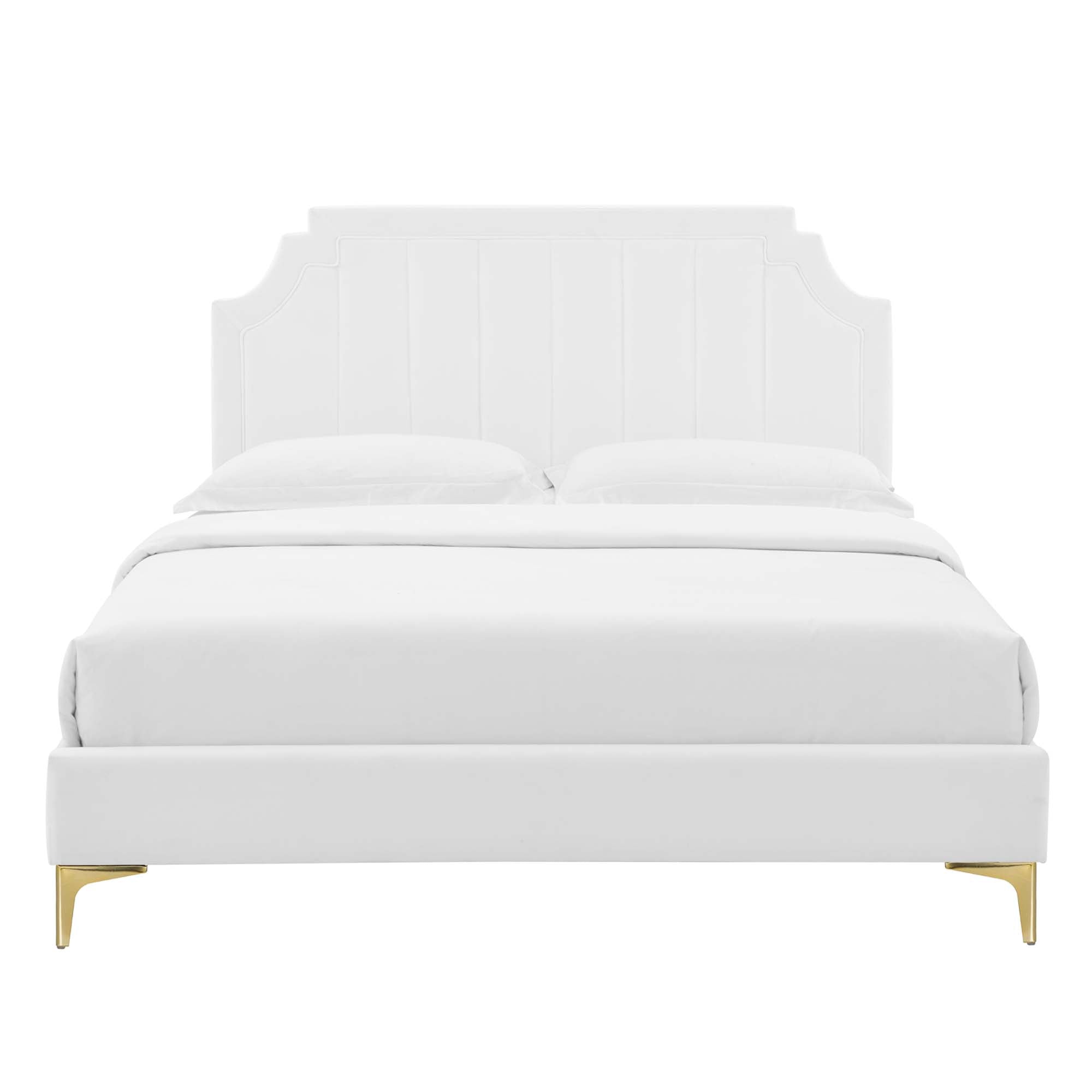 Elyra Queen White Velvet Platform Bed – Stain-Resistant Tufted Headboard Design