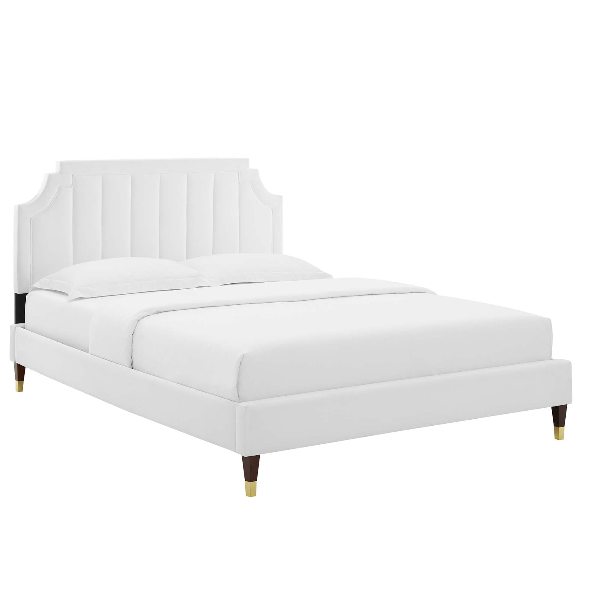 Hestia White Performance Velvet Queen Platform Bed – Channel Tufted Headboard