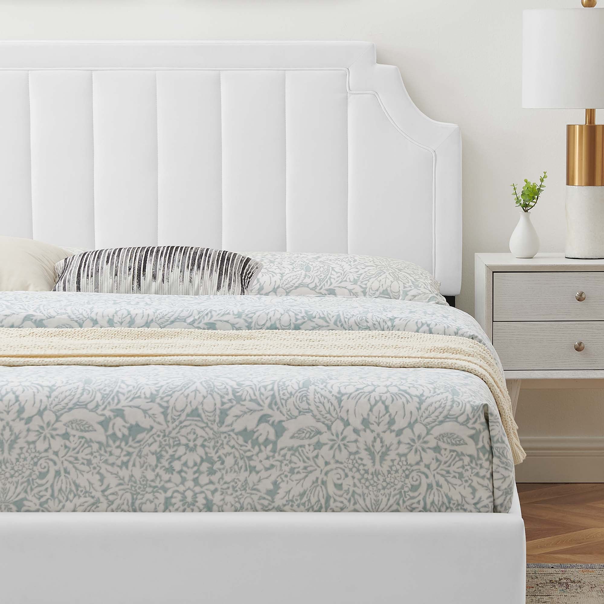Hestia White Performance Velvet Queen Platform Bed – Channel Tufted Headboard