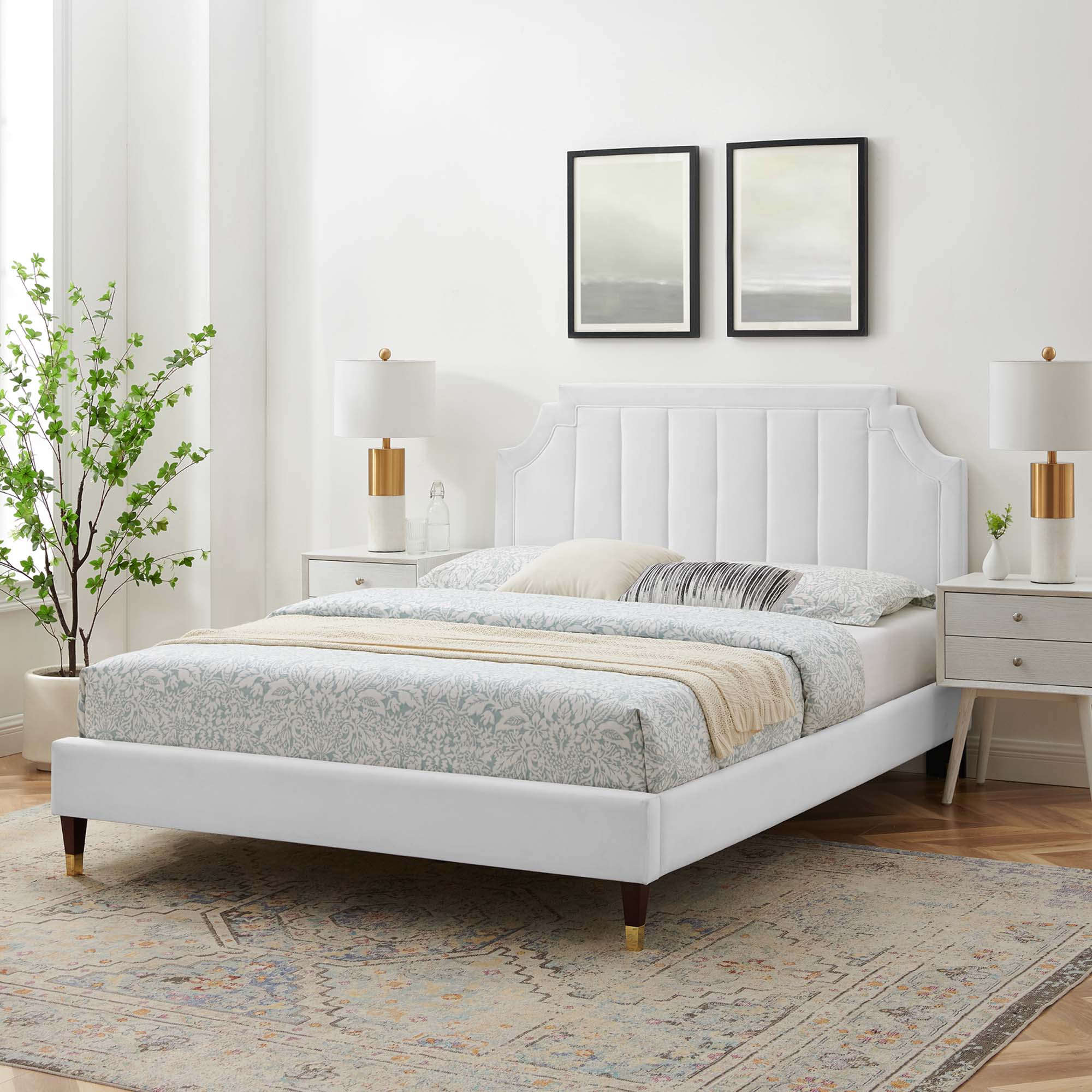 Hestia White Performance Velvet Queen Platform Bed – Channel Tufted Headboard