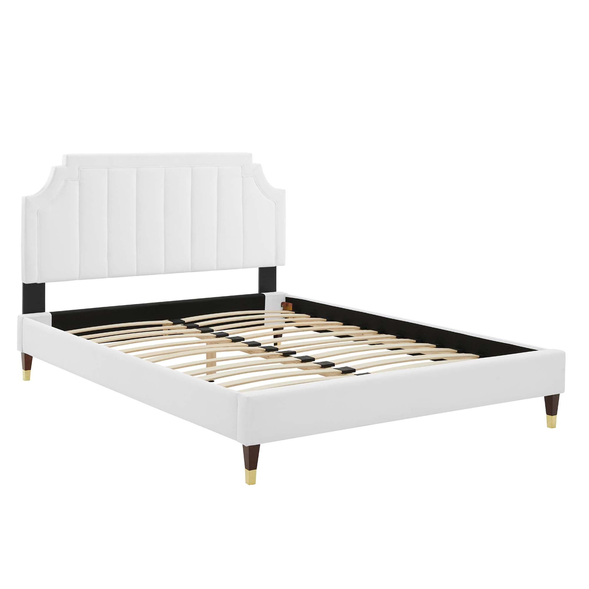 Hestia White Performance Velvet Queen Platform Bed – Channel Tufted Headboard