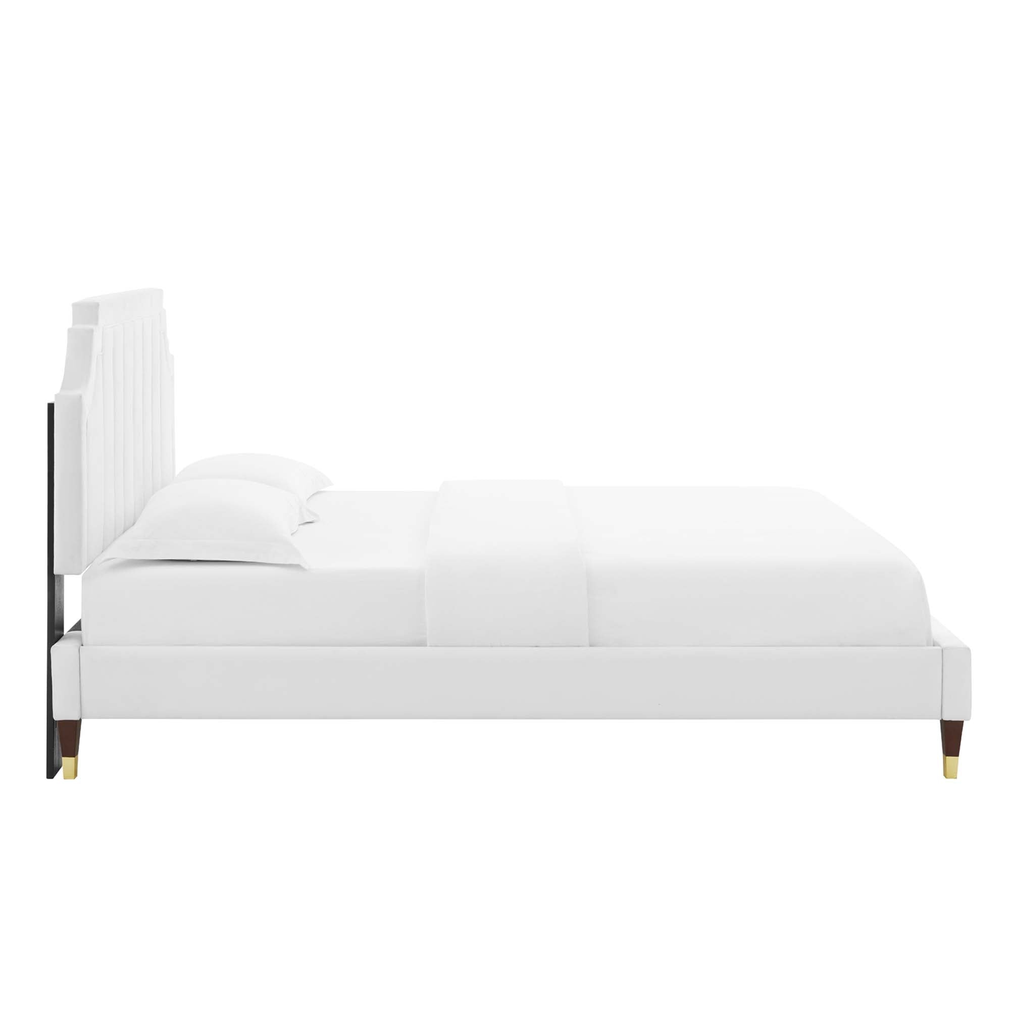 Hestia White Performance Velvet Queen Platform Bed – Channel Tufted Headboard