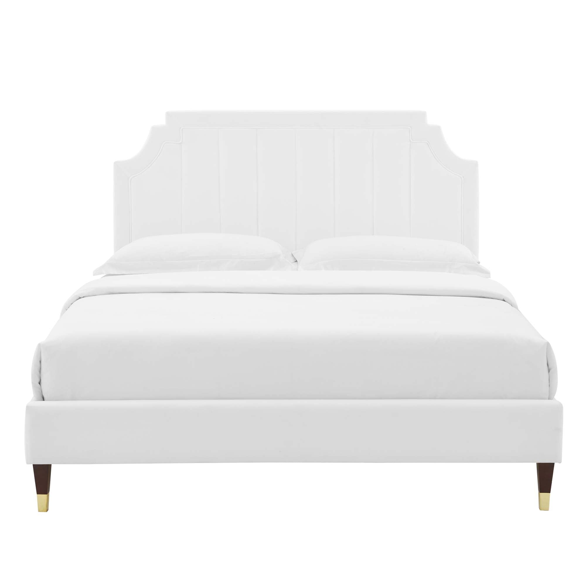 Hestia White Performance Velvet Queen Platform Bed – Channel Tufted Headboard
