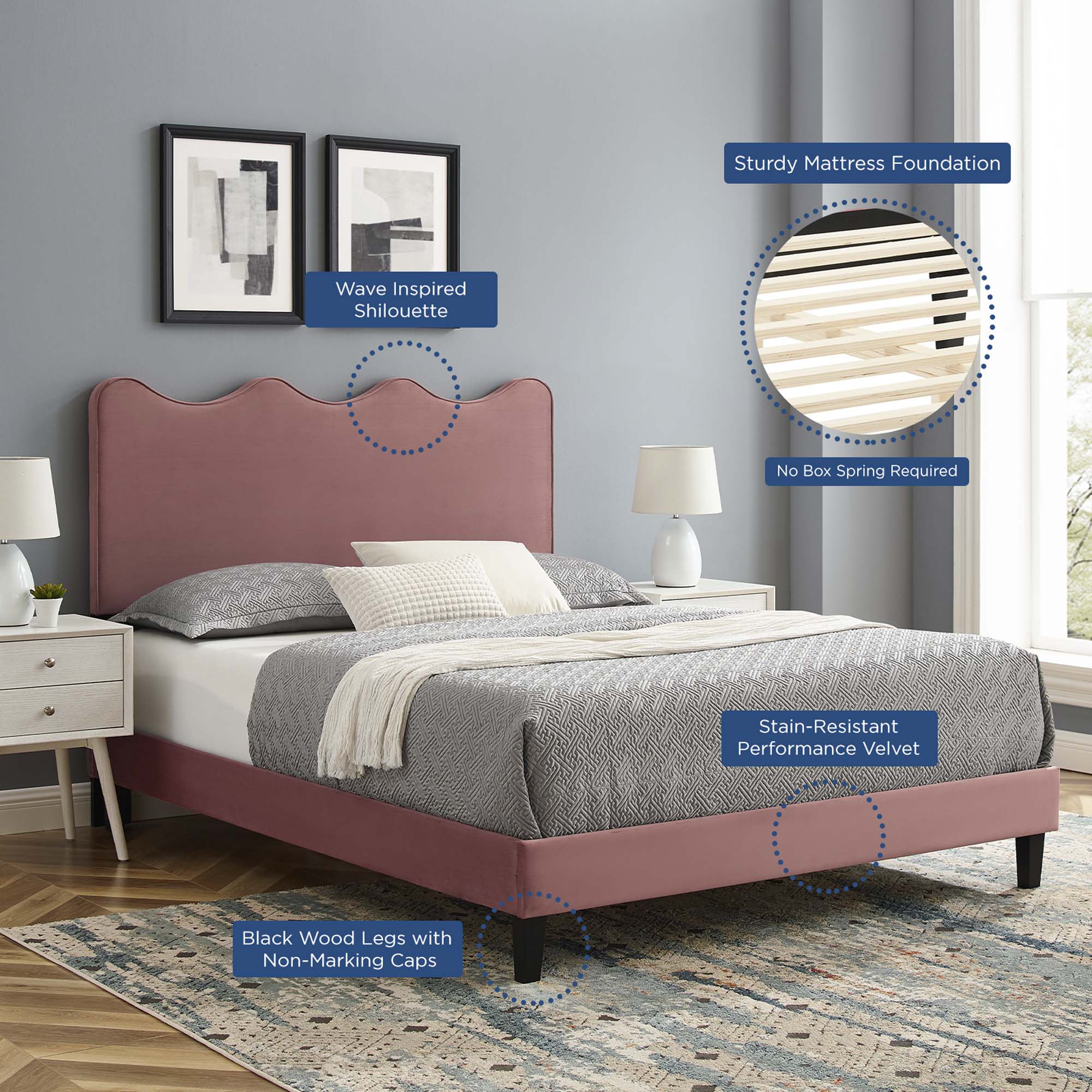 Twin Norwell Performance Velvet Platform Bed – Dusty Rose, Low Profile Modern Style