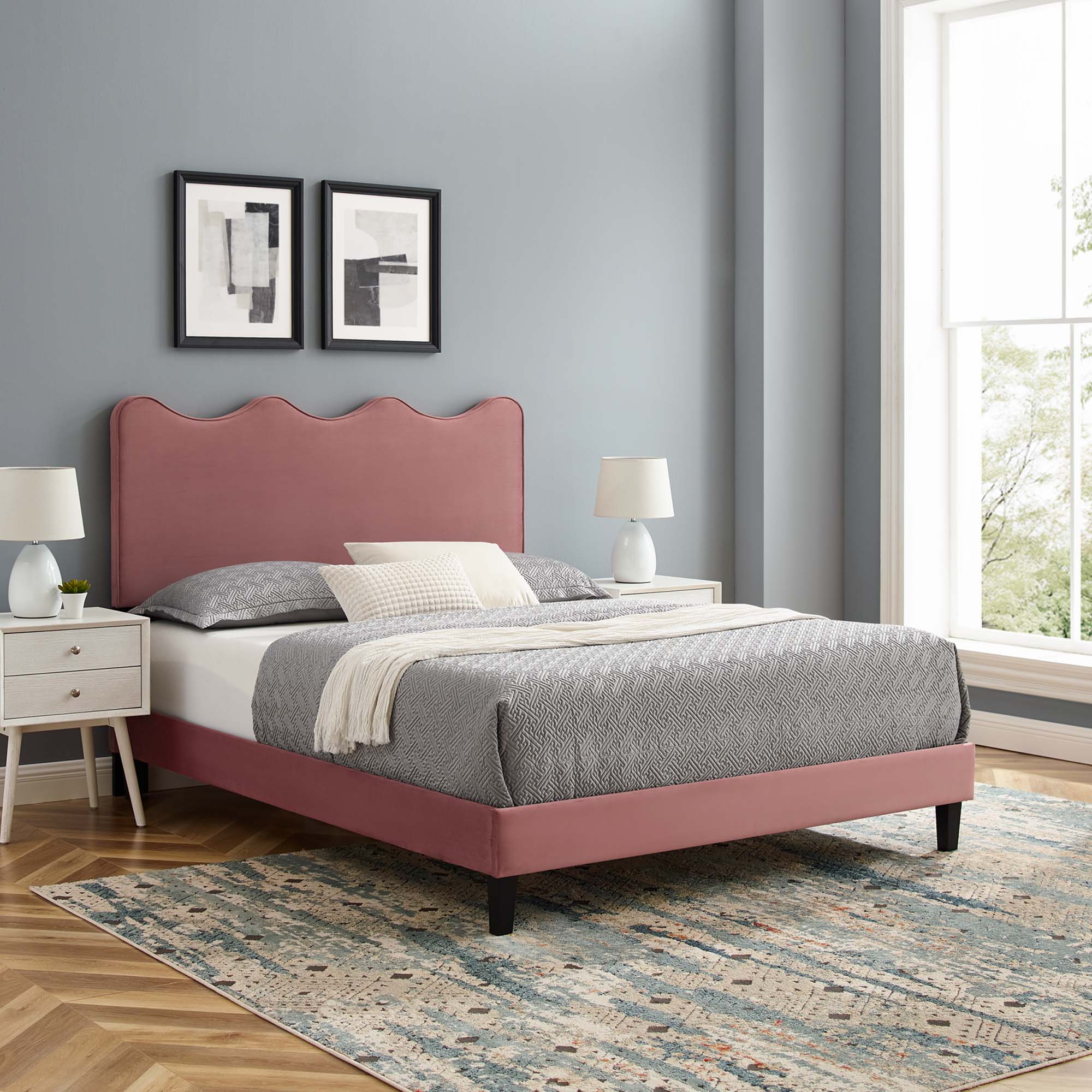 Twin Norwell Performance Velvet Platform Bed – Dusty Rose, Low Profile Modern Style