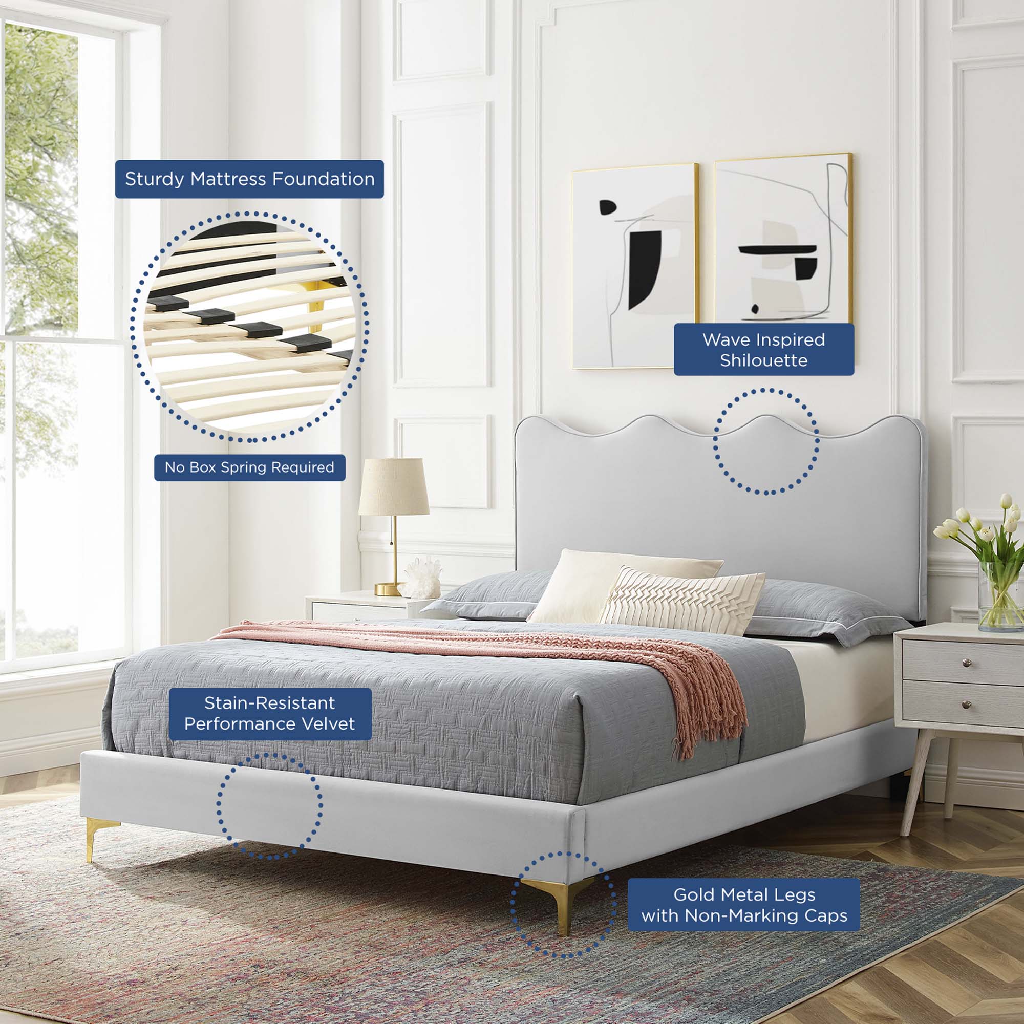 Iverna Full Upholstered Platform Bed – Light Grey Velvet, Clean-Line Modern Frame