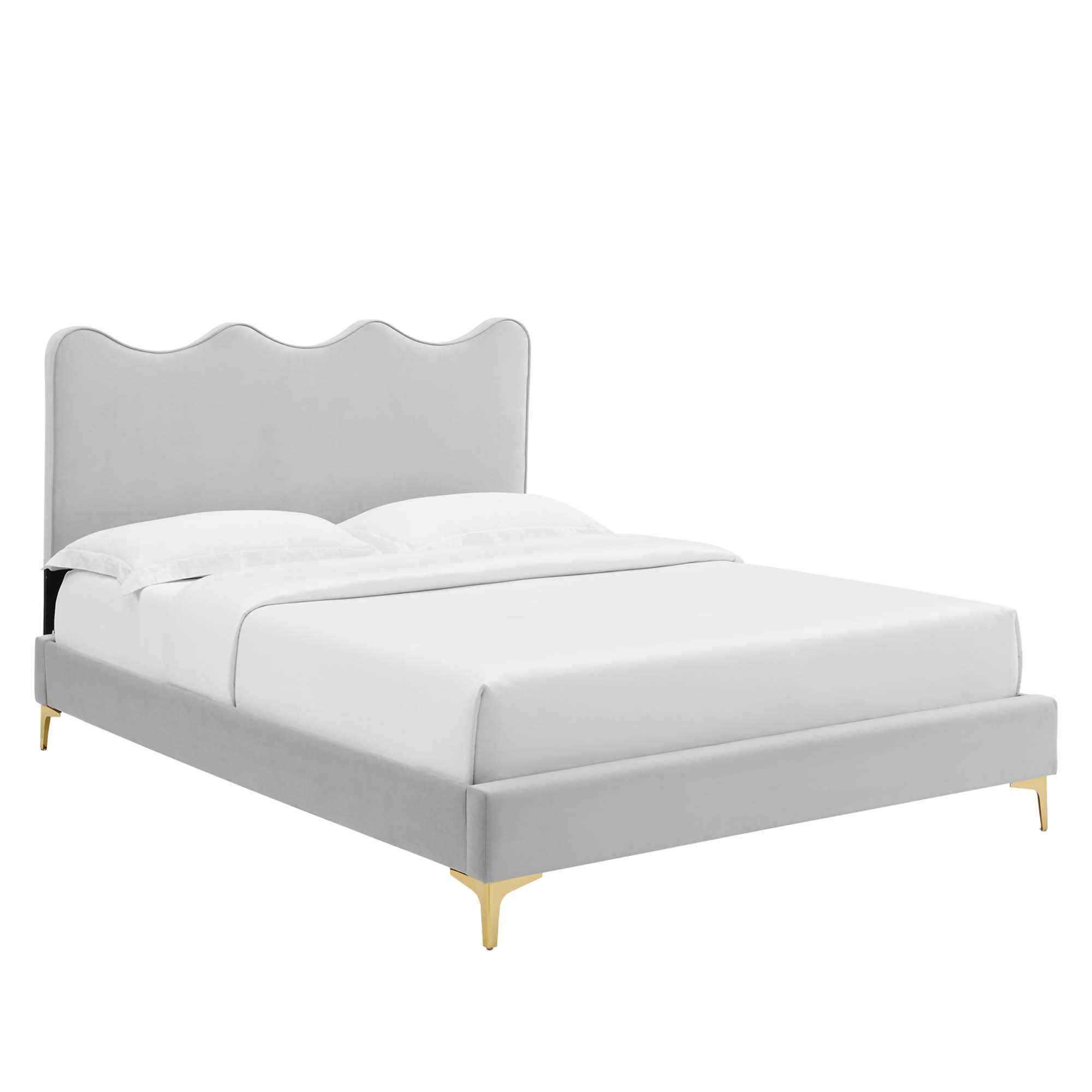 Iverna Full Upholstered Platform Bed Light Grey Velvet, Clean-Line Modern Frame