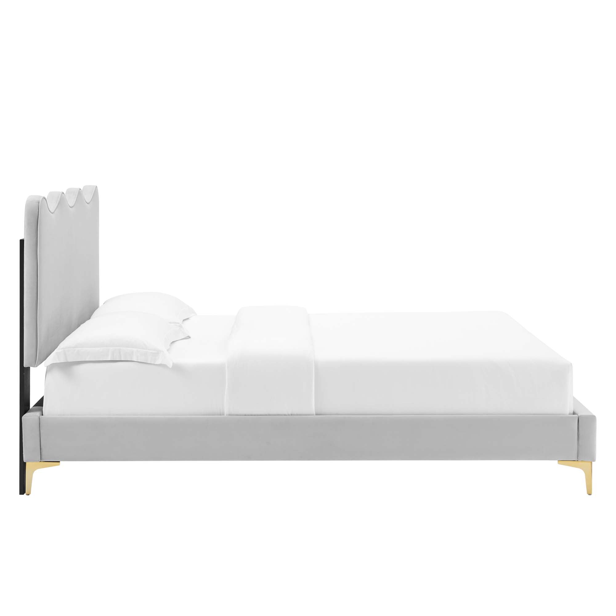 Garnell Queen Size Velvet Bed – Light Grey Upholstery, Minimalist Platform Base