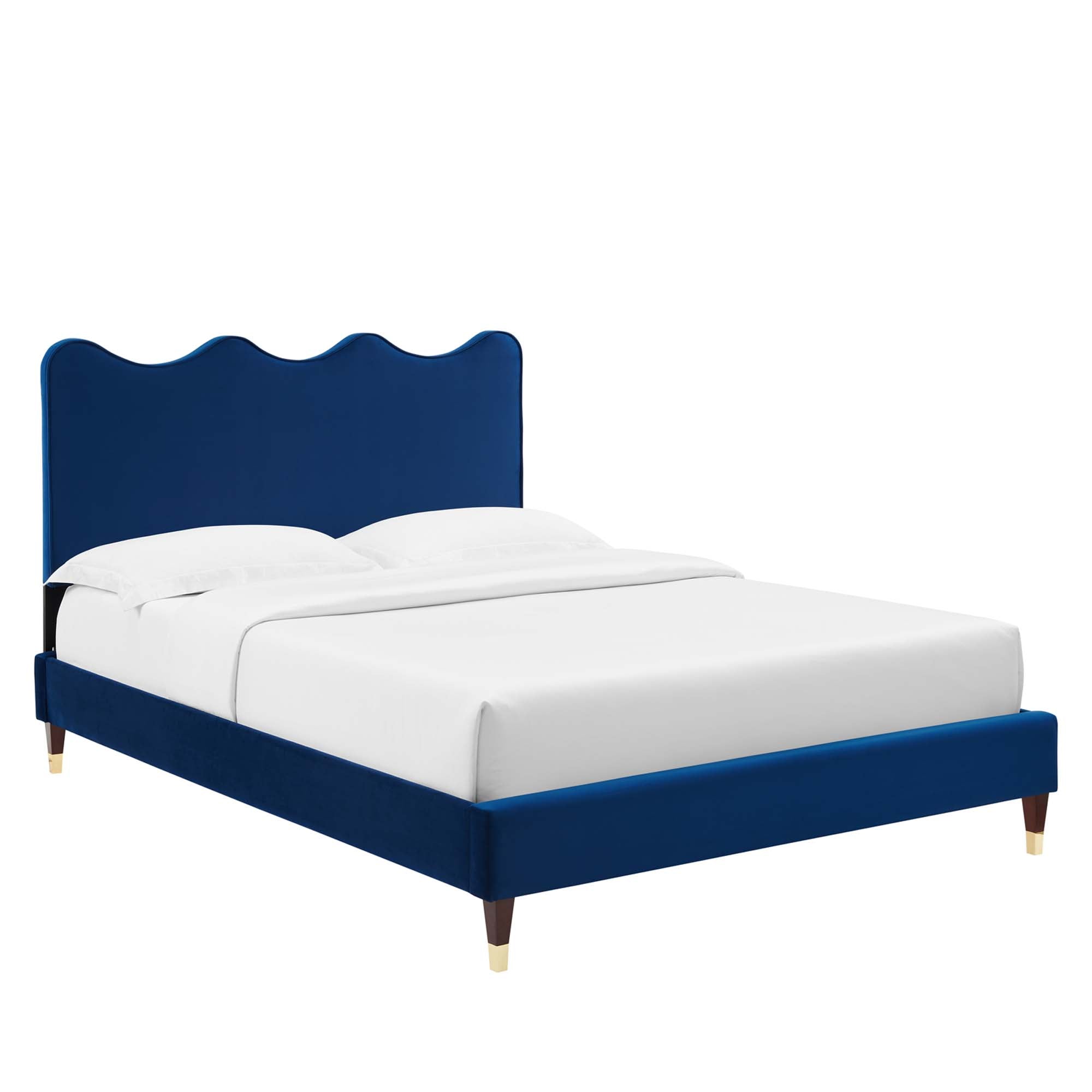 Queen Size Lowen Upholstered Platform Bed – Navy Velvet, Sleek Modern Frame