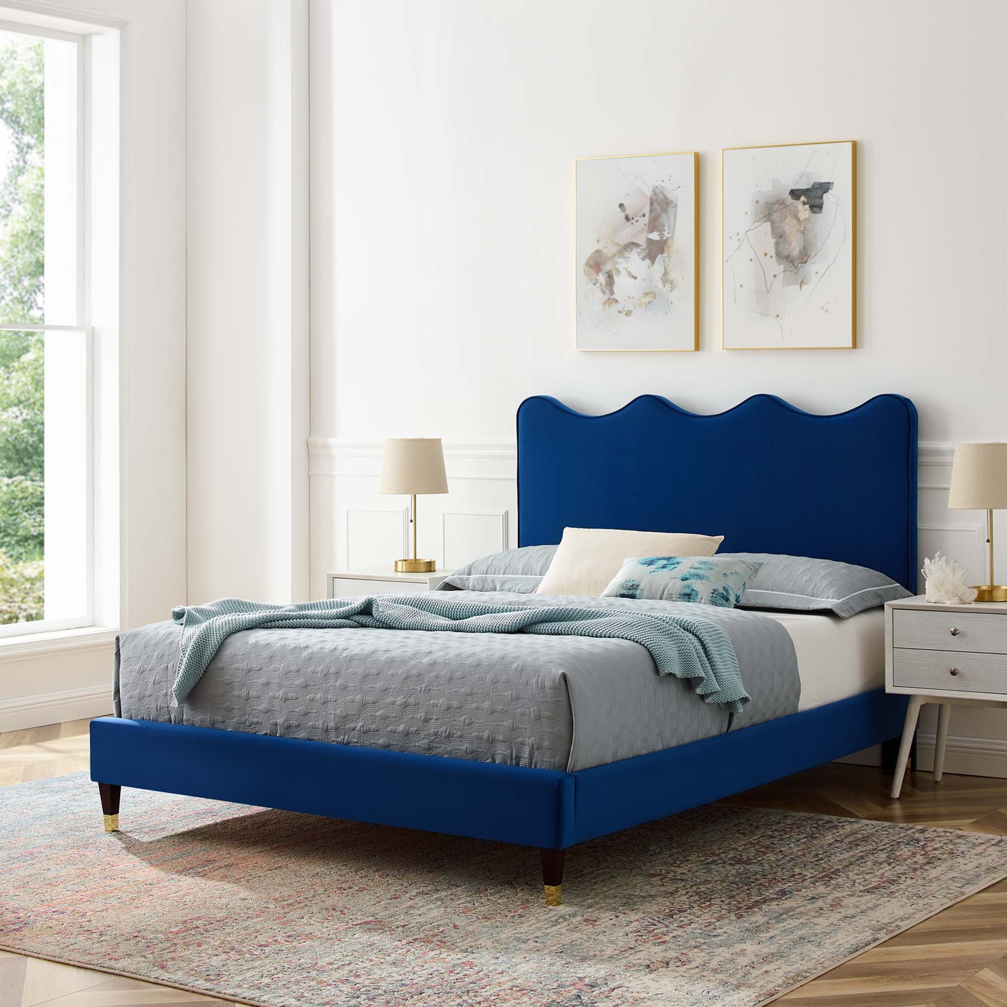 Queen Size Lowen Upholstered Platform Bed – Navy Velvet, Sleek Modern Frame