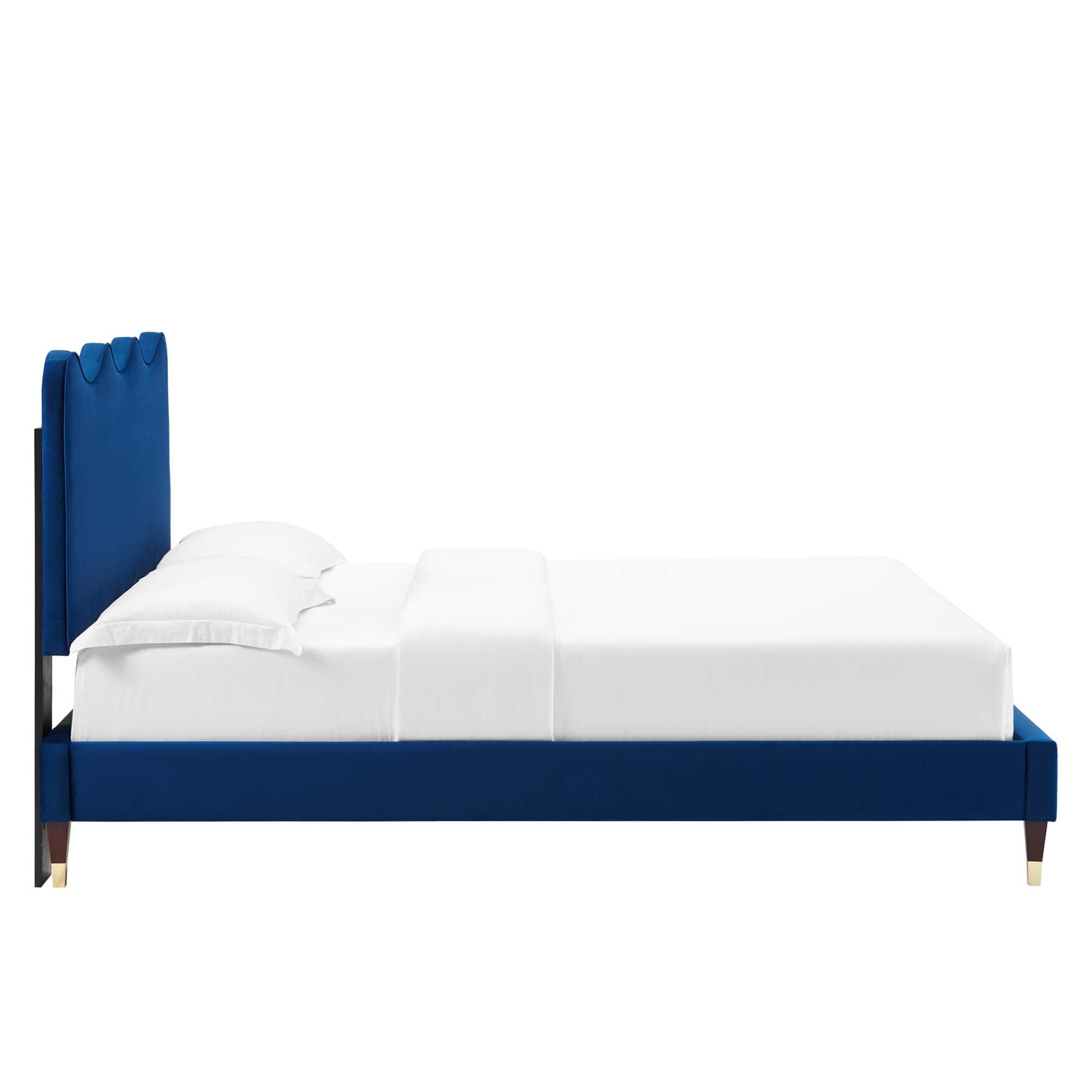 Queen Size Lowen Upholstered Platform Bed – Navy Velvet, Sleek Modern Frame