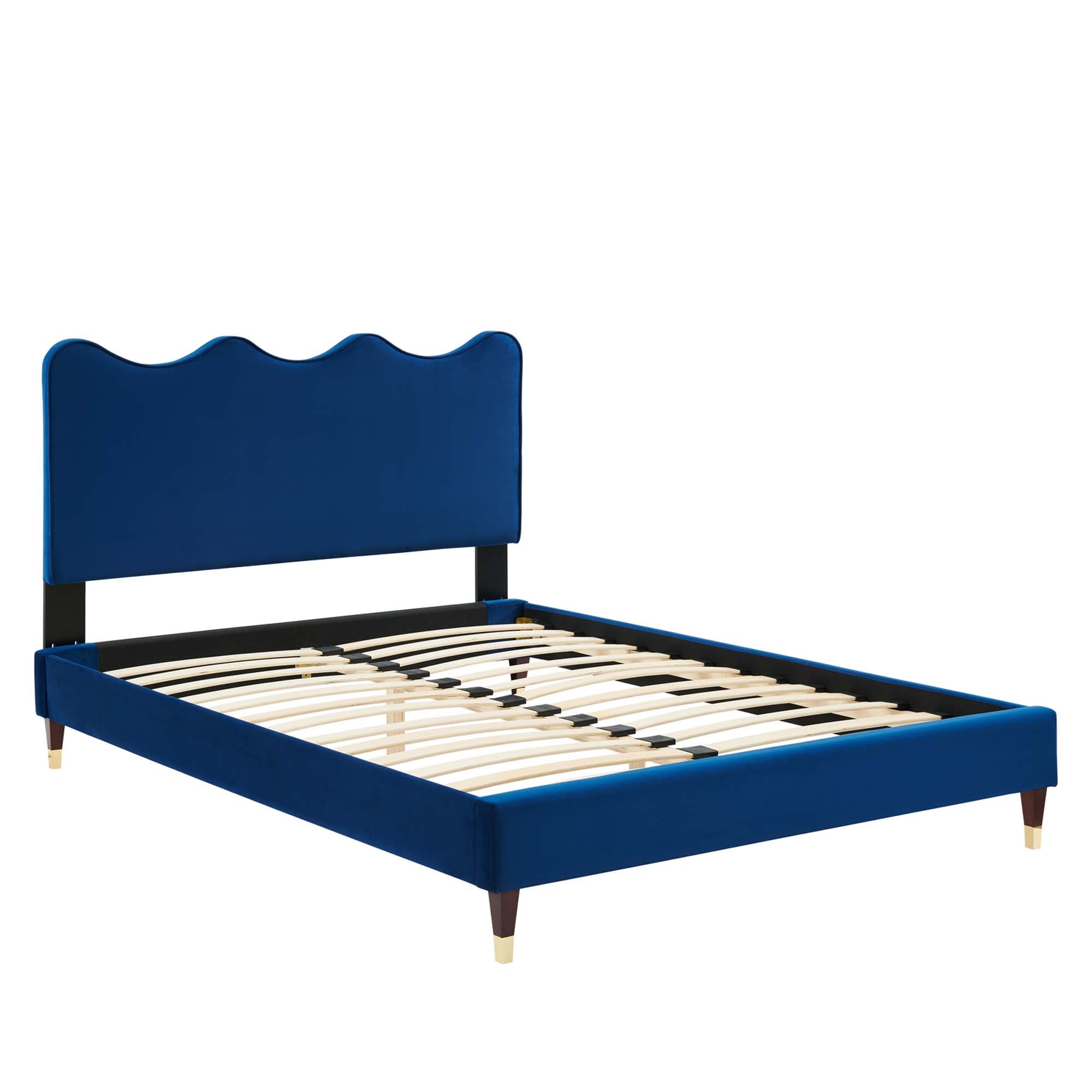 Queen Size Lowen Upholstered Platform Bed – Navy Velvet, Sleek Modern Frame