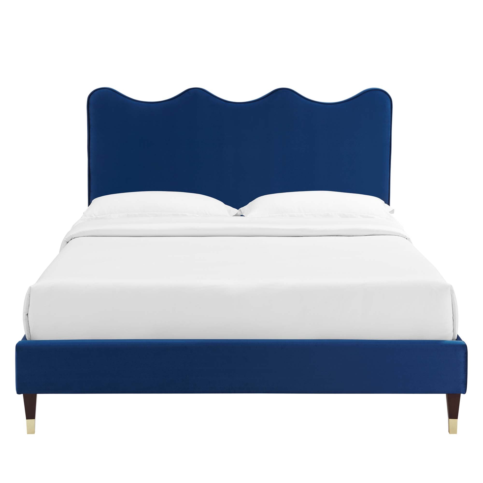 Queen Size Lowen Upholstered Platform Bed – Navy Velvet, Sleek Modern Frame