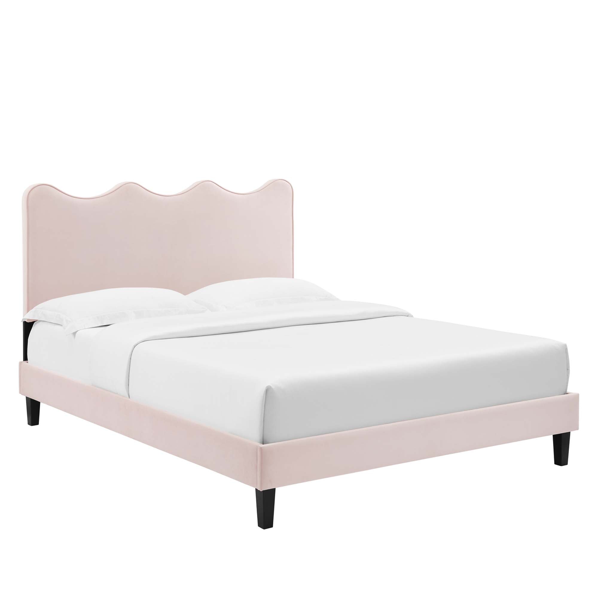 Queen Size Onyxia Platform Bed in White Velvet – Sleek Channel Tufted Headboard