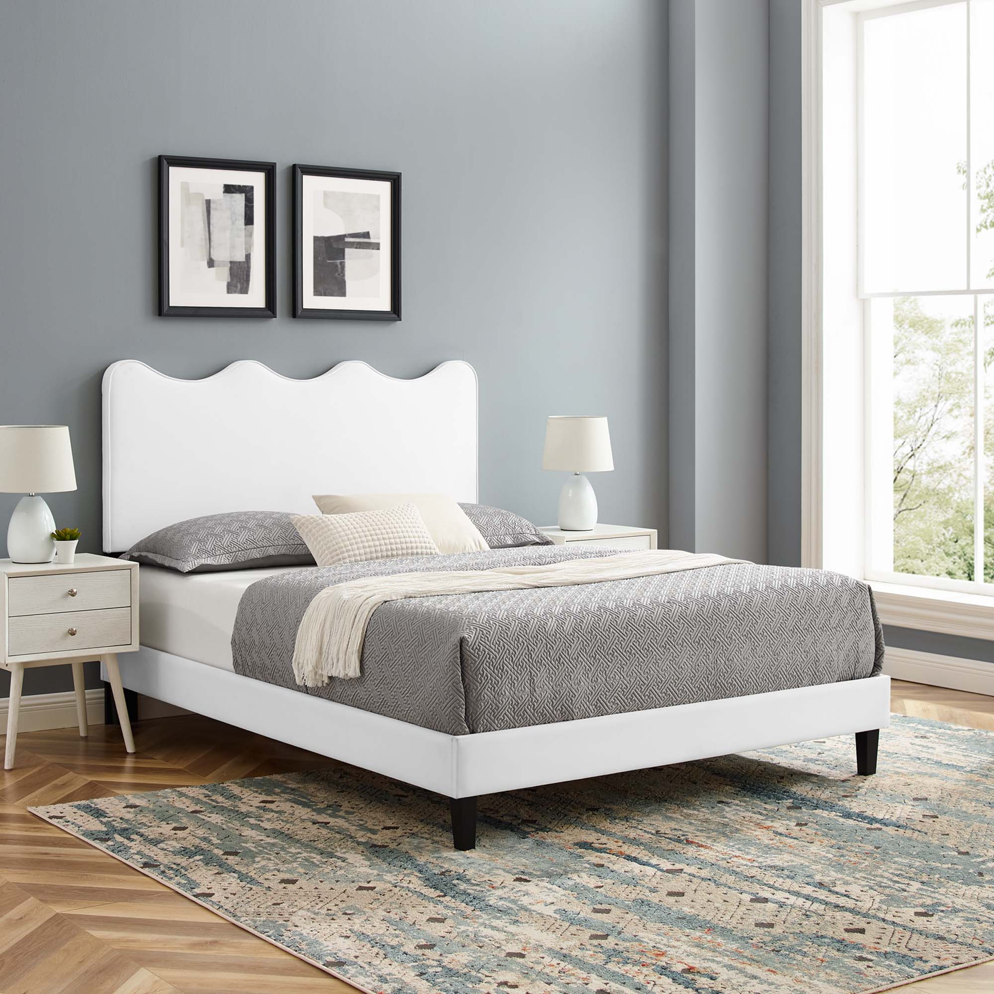 Queen Size Onyxia Platform Bed in White Velvet Sleek Channel Tufted Headboard