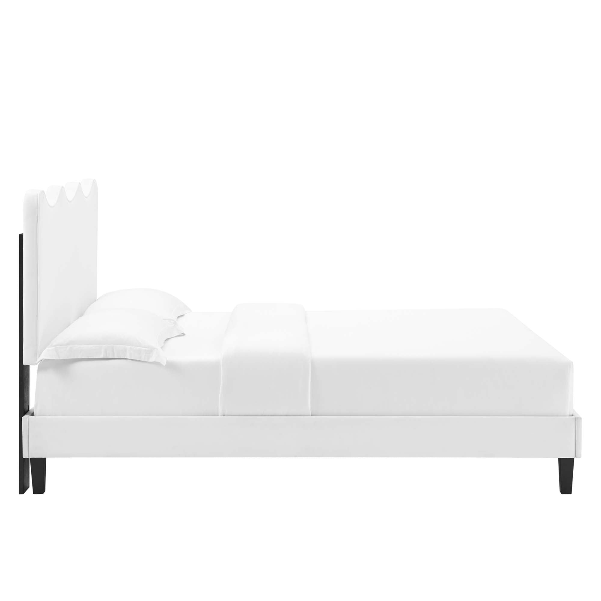 Queen Size Onyxia Platform Bed in White Velvet Sleek Channel Tufted Headboard