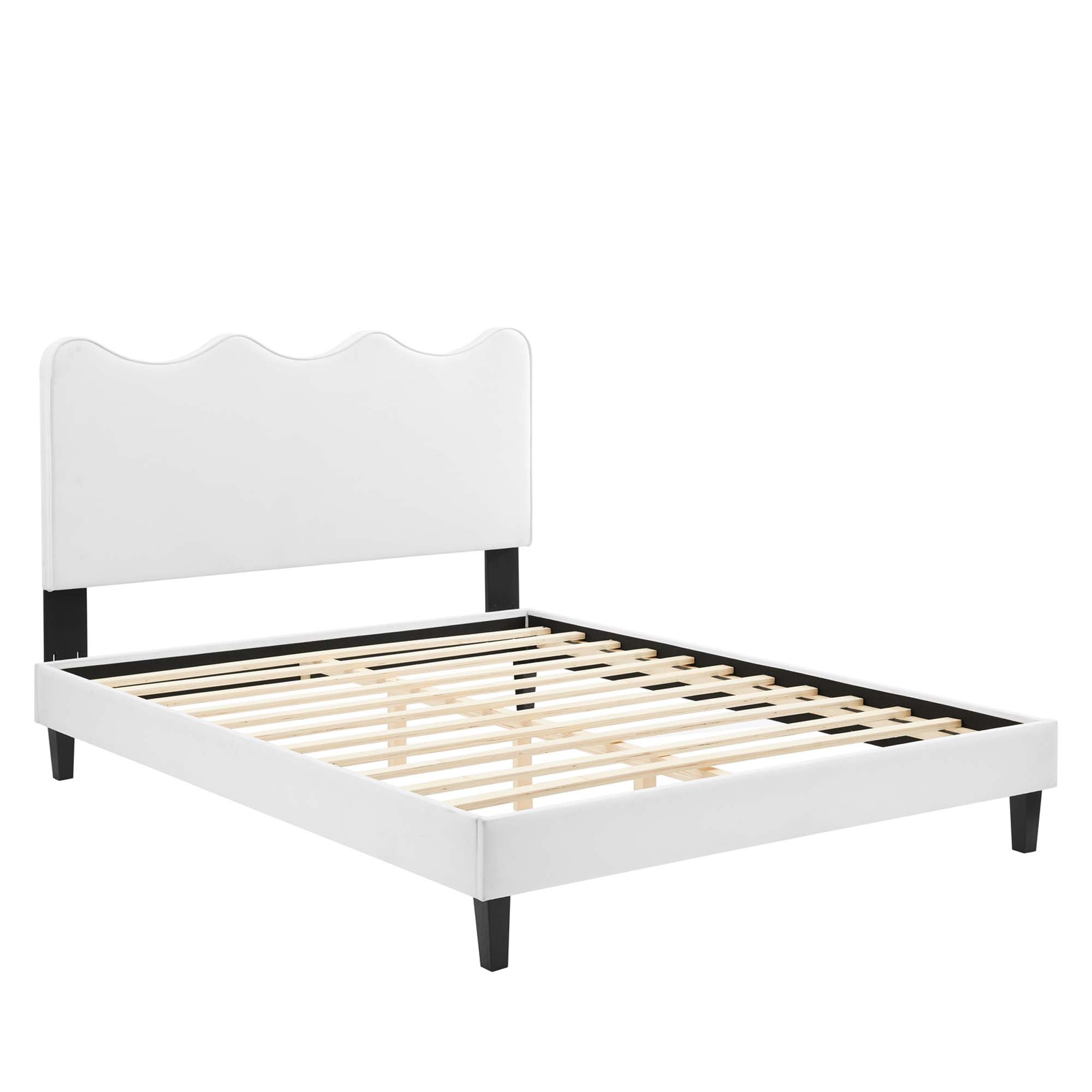 Queen Size Onyxia Platform Bed in White Velvet Sleek Channel Tufted Headboard