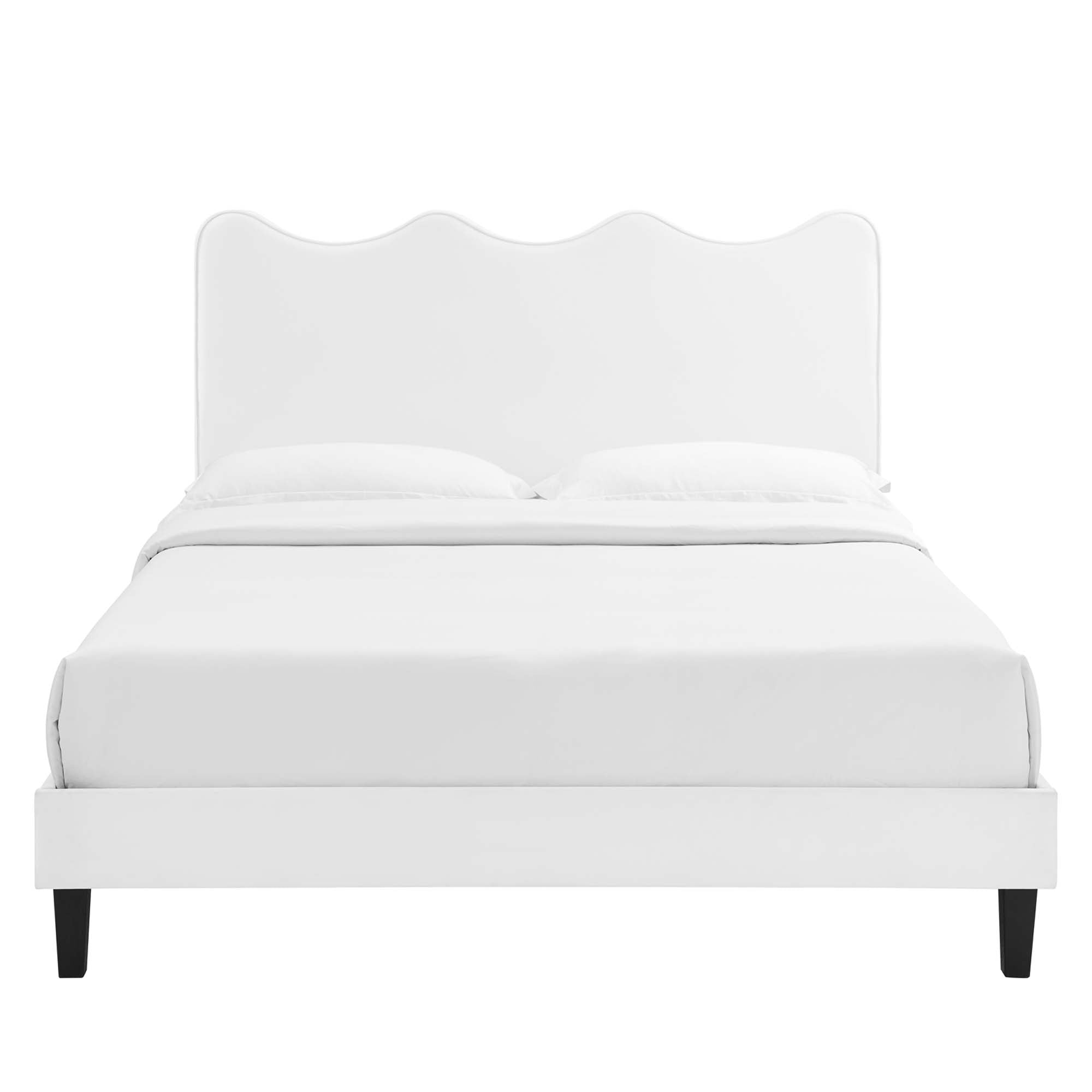 Queen Size Onyxia Platform Bed in White Velvet Sleek Channel Tufted Headboard